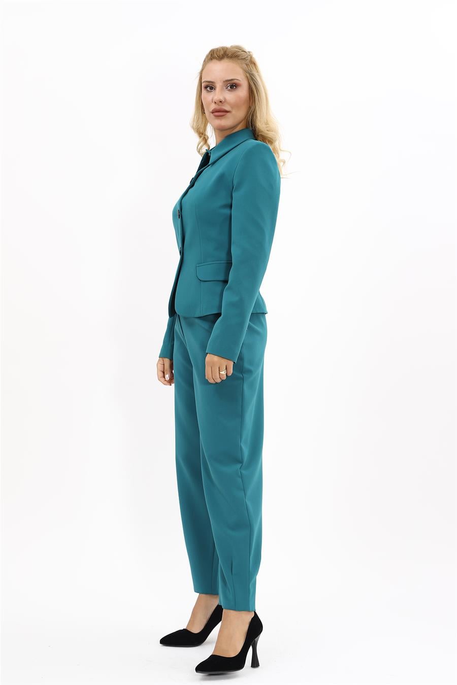 Gömlek Yaka Klasik Ceket &  Paçası Pileli Pantolon-Petrol Önder Özsoy 1054532 Peplum Ceket & Pile Paçalı Pantolon Takım