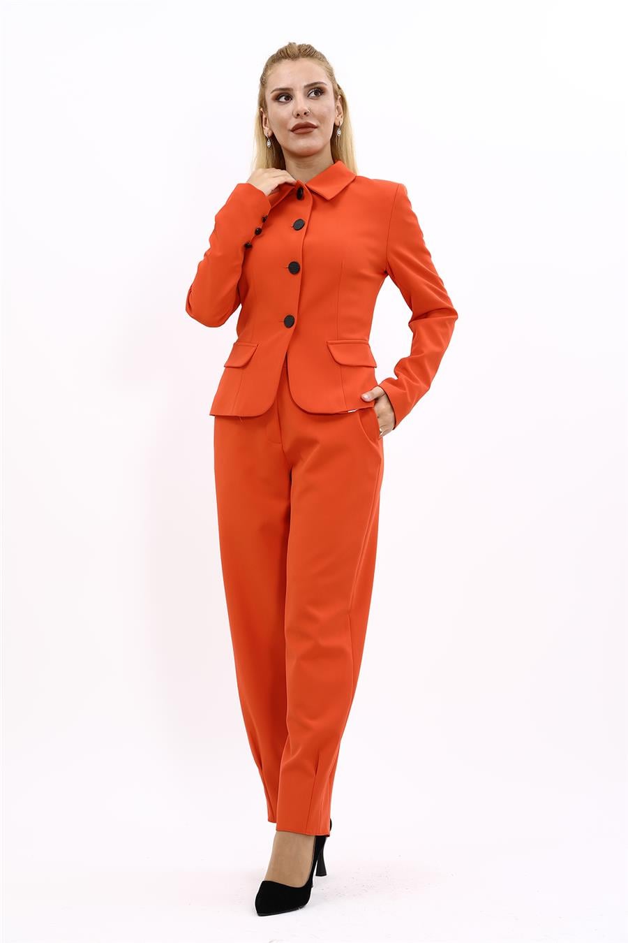 Gömlek Yaka Klasik Ceket &  Paçası Pileli Pantolon-Turuncu Önder Özsoy 1054532 Peplum Ceket & Pile Paçalı Pantolon Takım