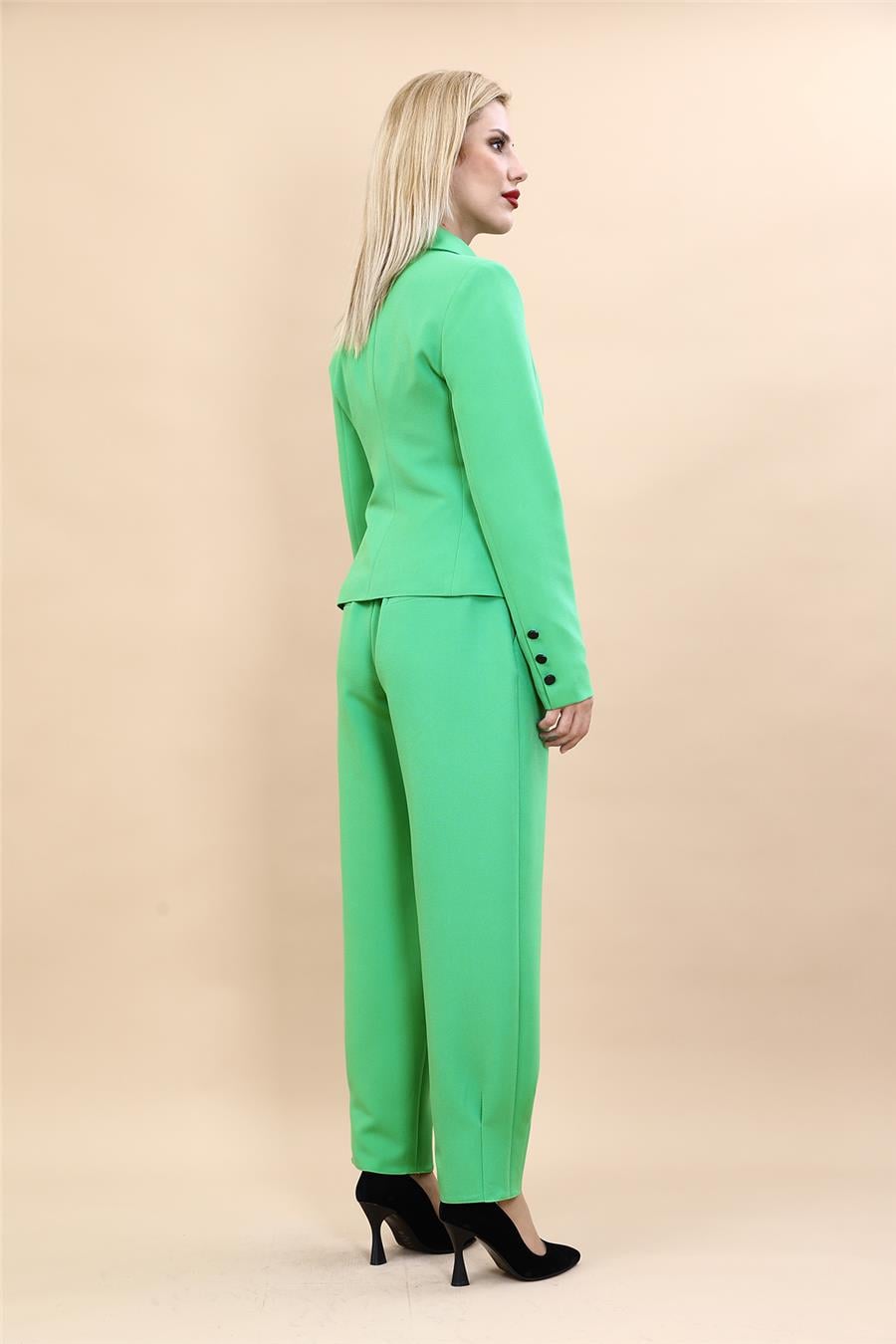 Gömlek Yaka Klasik Ceket &  Paçası Pileli Pantolon-Yeşil Önder Özsoy 1054532 Peplum Ceket & Pile Paçalı Pantolon Takım