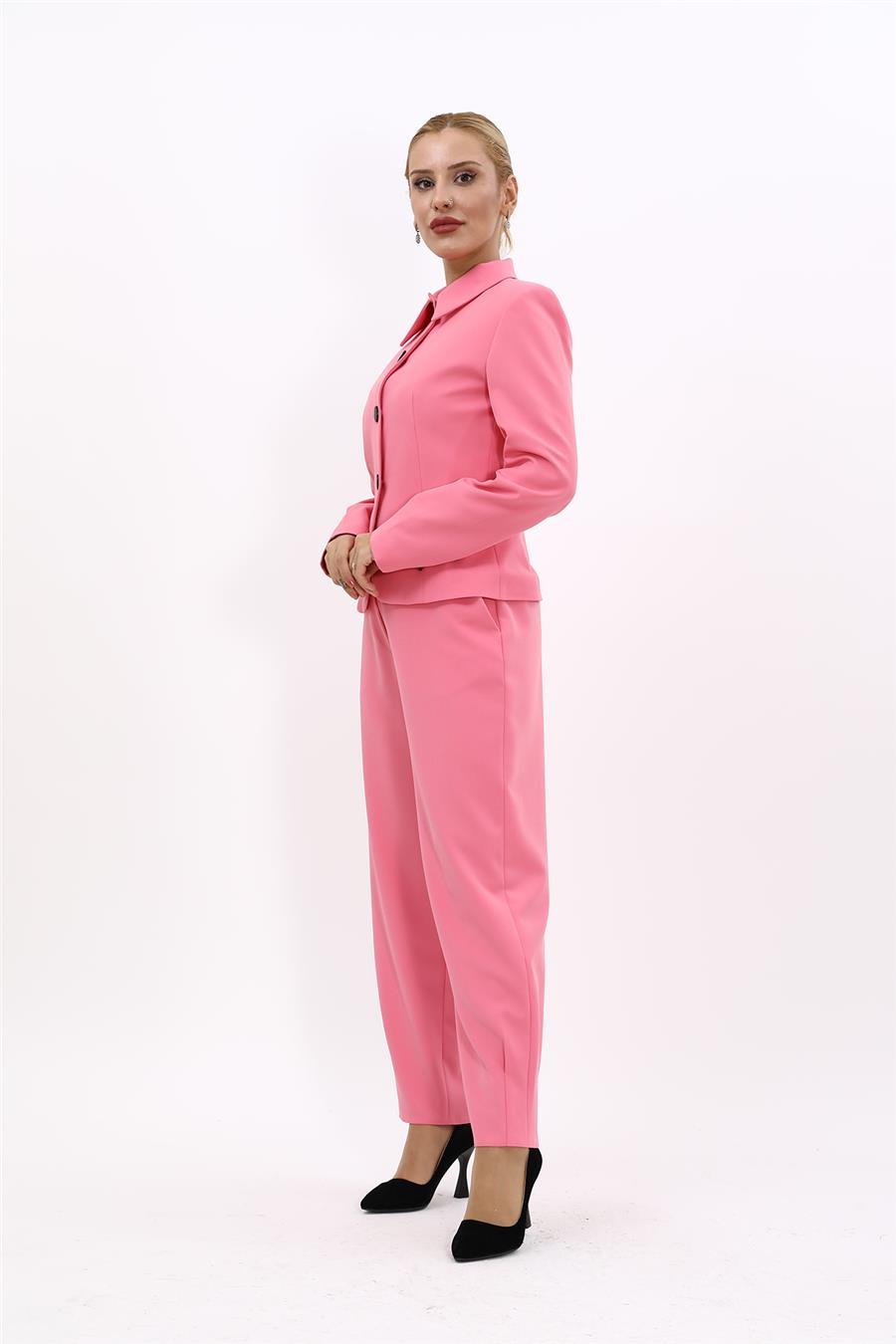 Gömlek Yaka Klasik Ceket &  Paçası Pileli Pantolon-Pembe Önder Özsoy 1054532 Peplum Ceket & Pile Paçalı Pantolon Takım