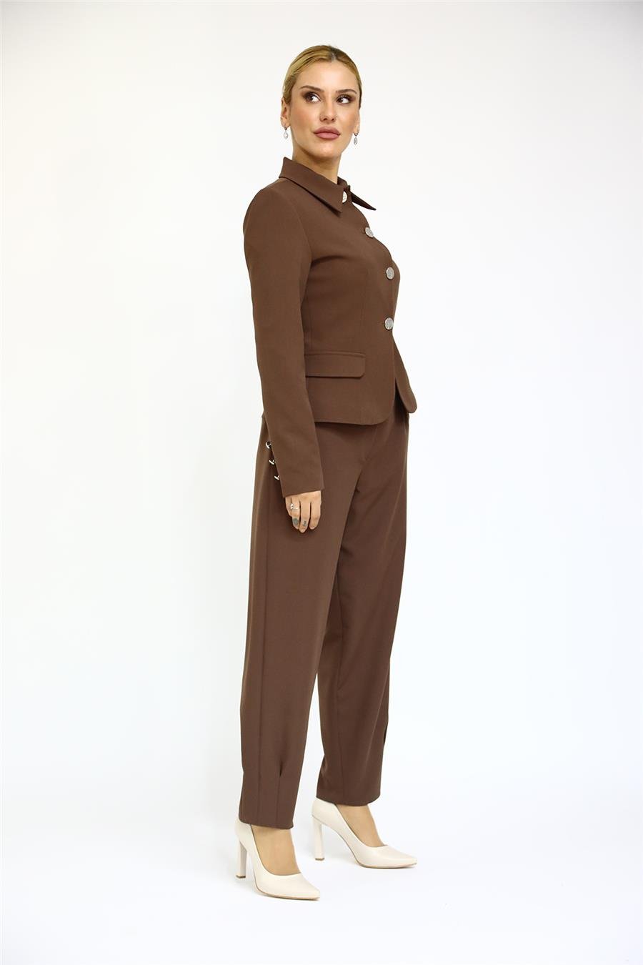 Gömlek Yaka Klasik Ceket &  Paçası Pileli Pantolon-Kestane Önder Özsoy 1054532 Peplum Ceket & Pile Paçalı Pantolon Takım
