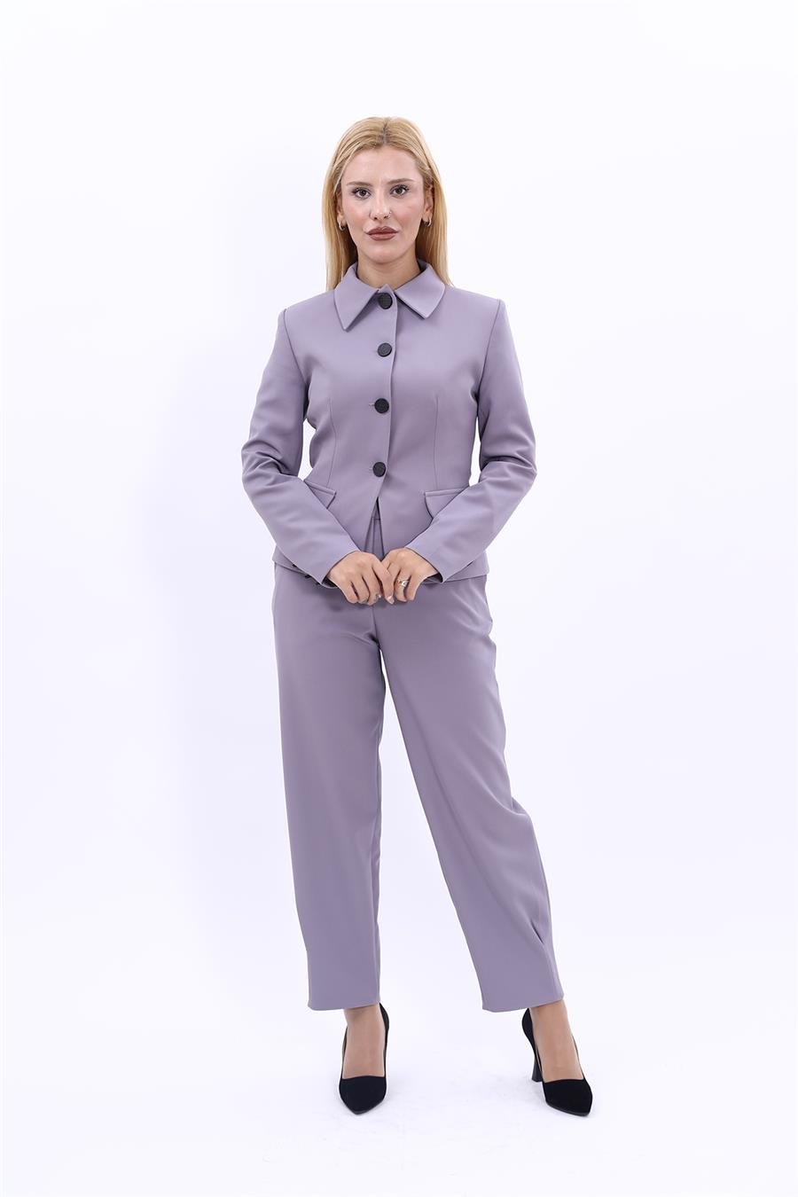 Gömlek Yaka Klasik Ceket &  Paçası Pileli Pantolon-Antrasit Önder Özsoy 1054532 Peplum Ceket & Pile Paçalı Pantolon Takım