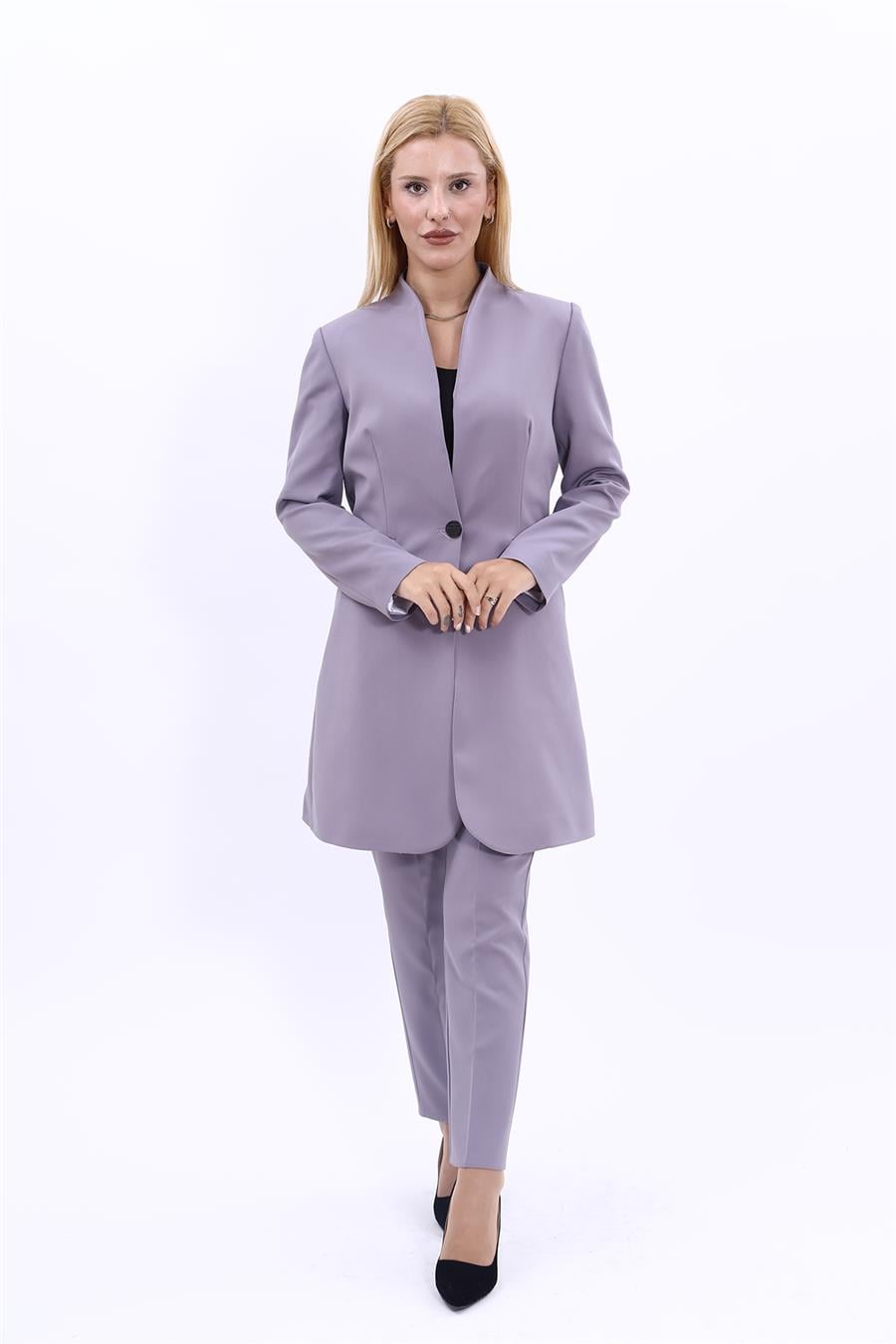 Kendinden Dik Yakalı Tek Düğmeli Uzun Ceket & Dar Paça Pantolon-Antrasit Önder Özsoy 1074510 Uzun Yakasız Ceket  & Boru Paça Pantolon Takım