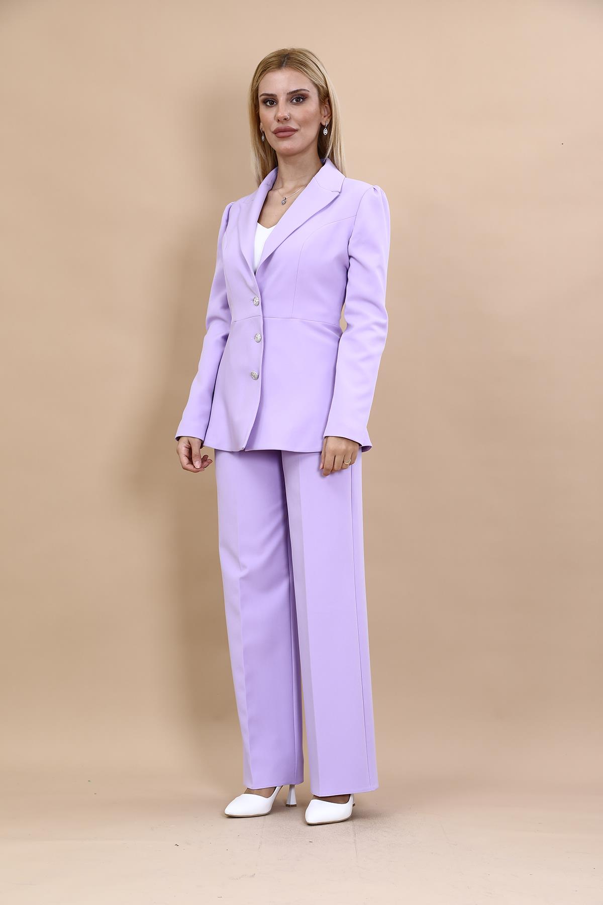 Midi Boy Drape Kol Ceket & Bol Paça Pantolon Takım-Menekşe Önder Özsoy 1063520 Midi Boy Drape Kol Ceket & Bol Paça Pantolon Takım