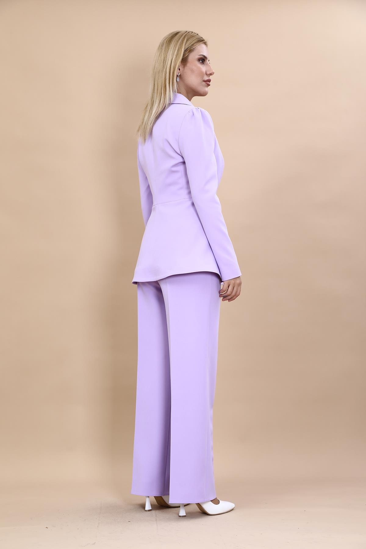 Midi Boy Drape Kol Ceket & Bol Paça Pantolon Takım-Menekşe Önder Özsoy 1063520 Midi Boy Drape Kol Ceket & Bol Paça Pantolon Takım