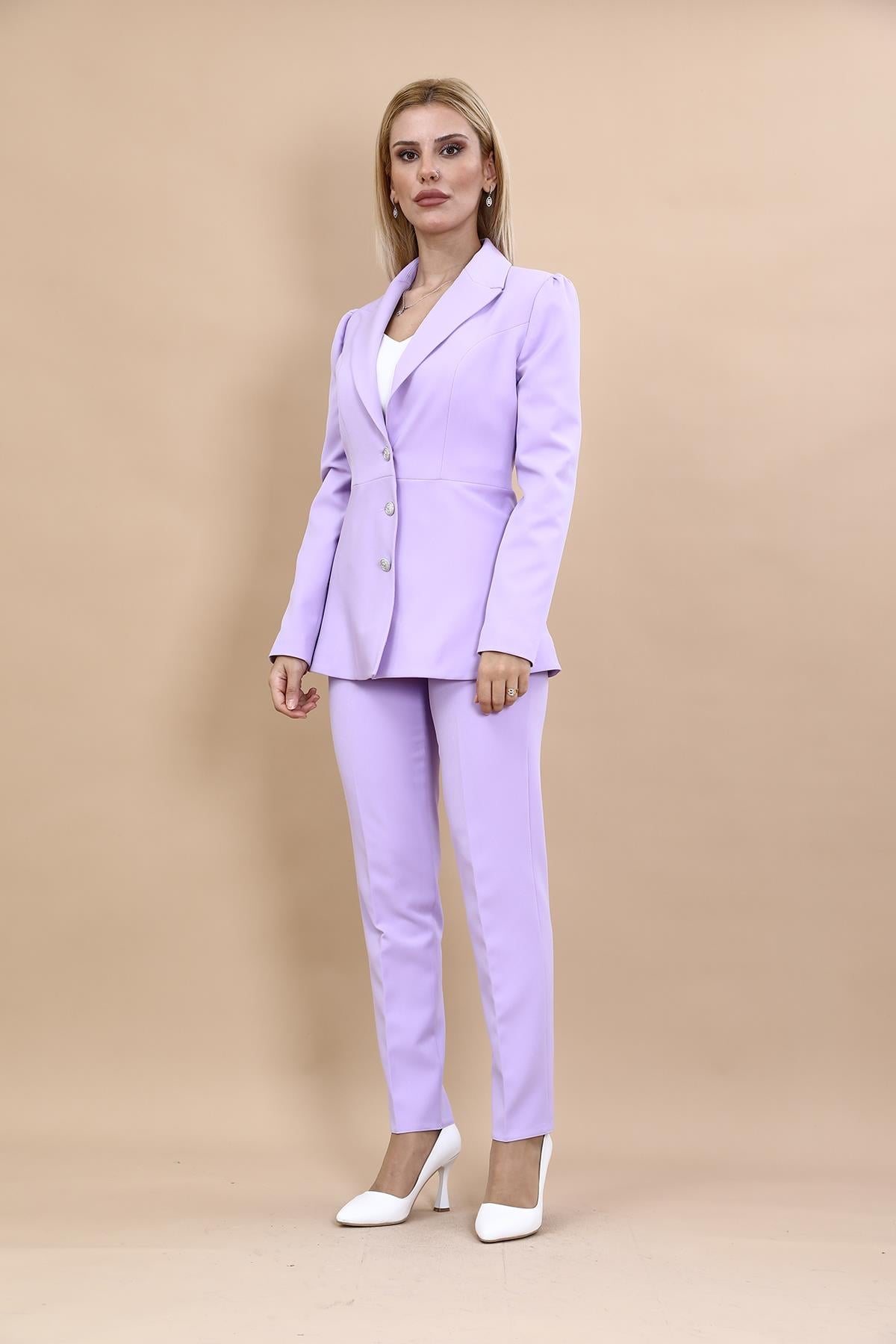 Midi Boy Drape Kol Ceket & Boru Paça Pantolon Takım-Menekşe Önder Özsoy 1063510 Midi Boy Drape Kol Ceket & Boru Paça Pantolon Takım