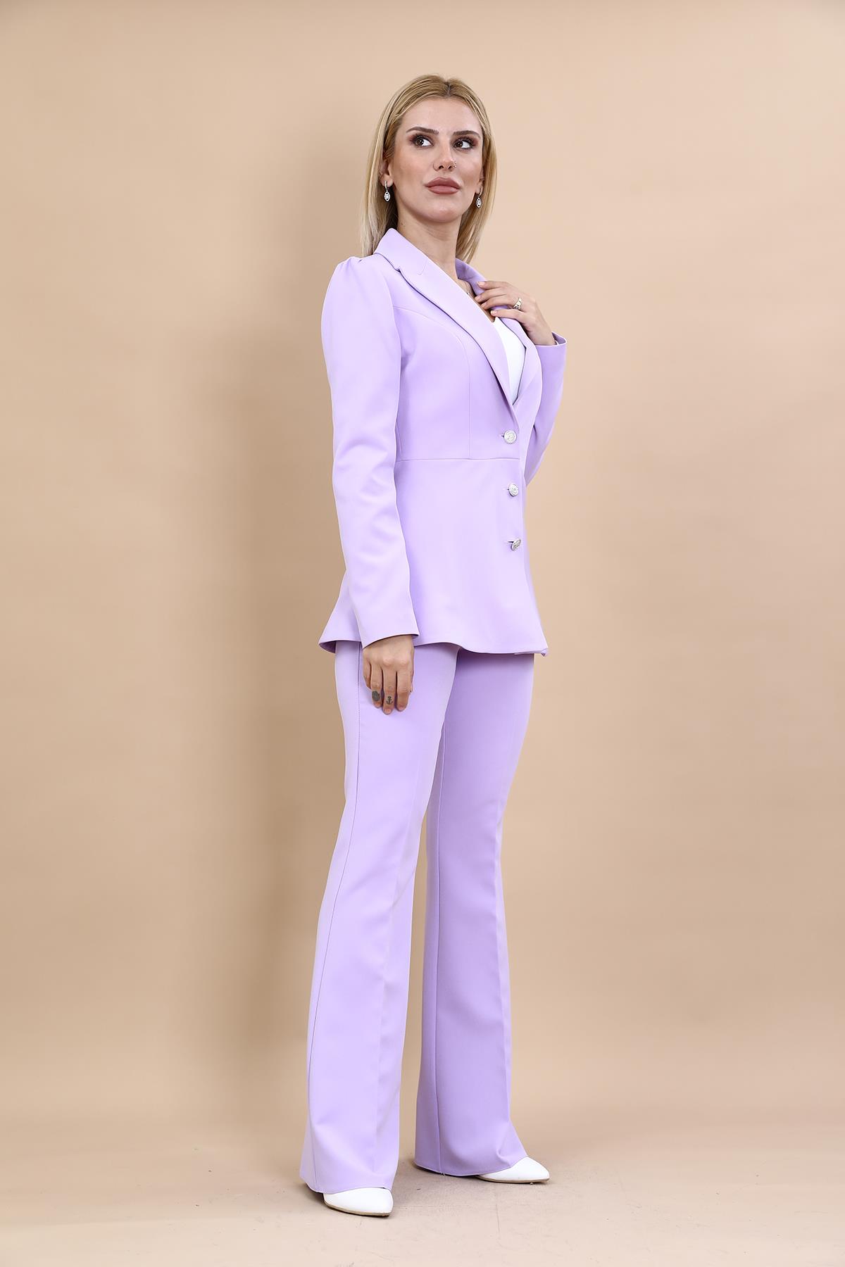Midi Boy Drape Kol Ceket & İspanyol  Paça Pantolon Takım-Menekşe Önder Özsoy 1063530 Midi Boy Drape Kol Ceket & İspanyol  Paça Pantolon Takım