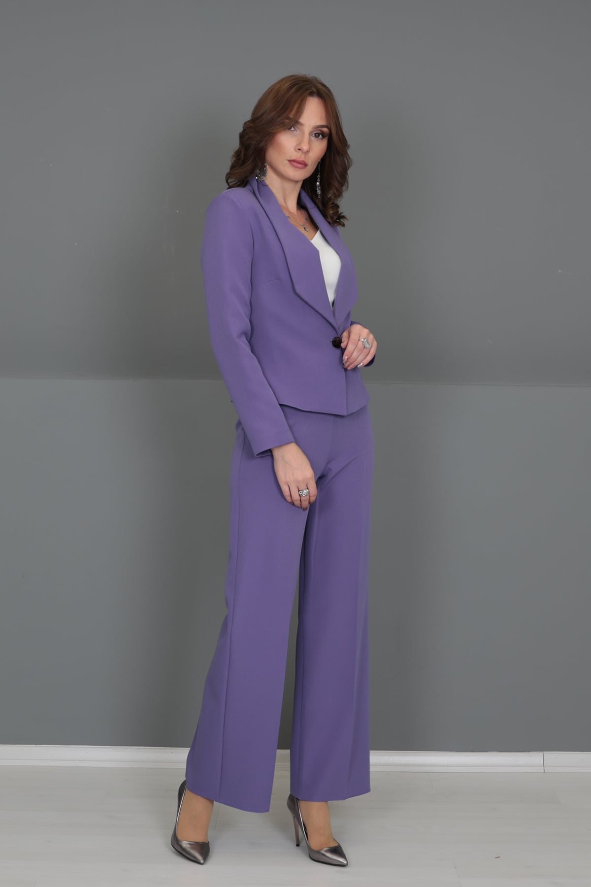 Mini Ceket & Bol Paça Pantolon Takım-Lila Önder Özsoy 1032520 Mini Ceket & Bol Paça Pantolon Takım