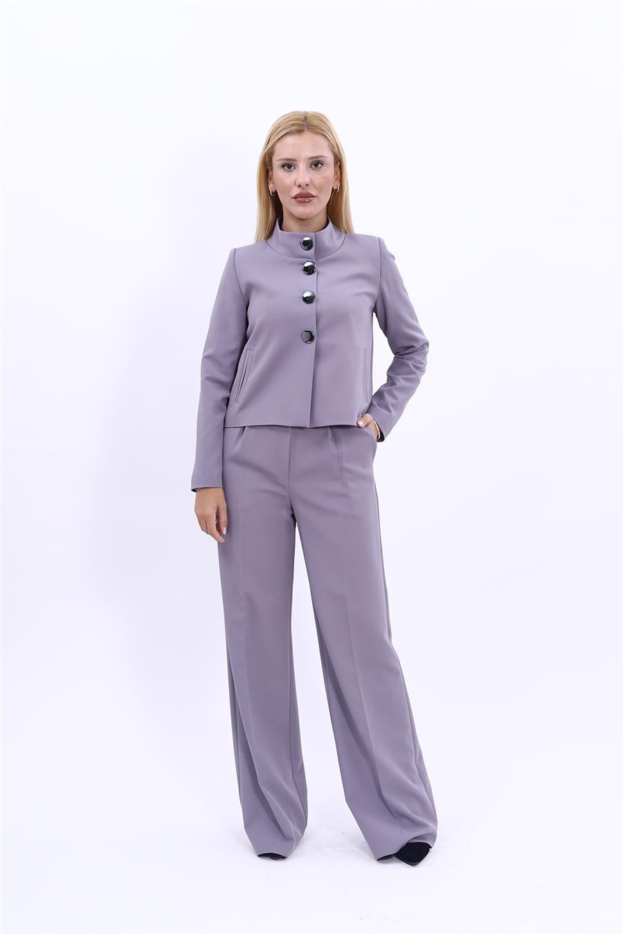 Oval Dik Yaka Kısa Ceket &  Korsaj Kemer Palazzo Pantolon-Antrasit Önder Özsoy 1010522 Boydan Düğmeli Mini Ceket & Kemerli Bol Paça Pantolon Takım
