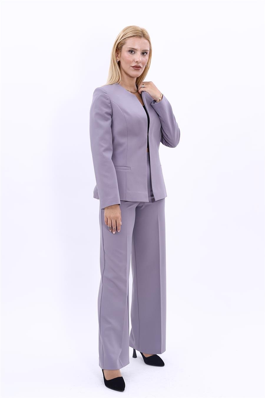 Oval Yaka Yandan Kuplu Klasik Ceket & Bol Paça Pantolon-Antrasit Önder Özsoy 1043520 Oval Yaka Uzun Ceket & Bol Paça Pantolon Takım