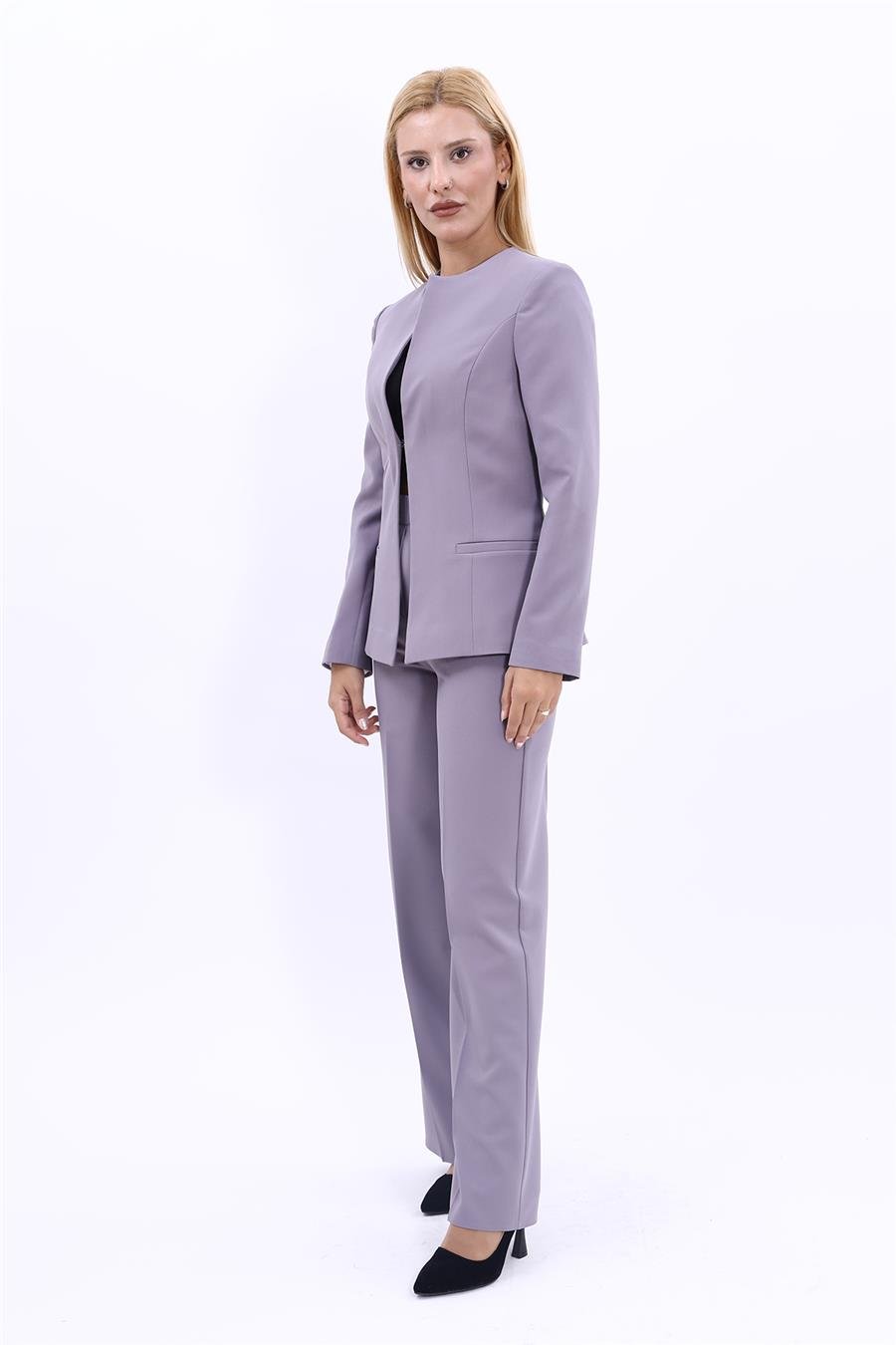Oval Yaka Yandan Kuplu Klasik Ceket & Bol Paça Pantolon-Antrasit Önder Özsoy 1043520 Oval Yaka Uzun Ceket & Bol Paça Pantolon Takım