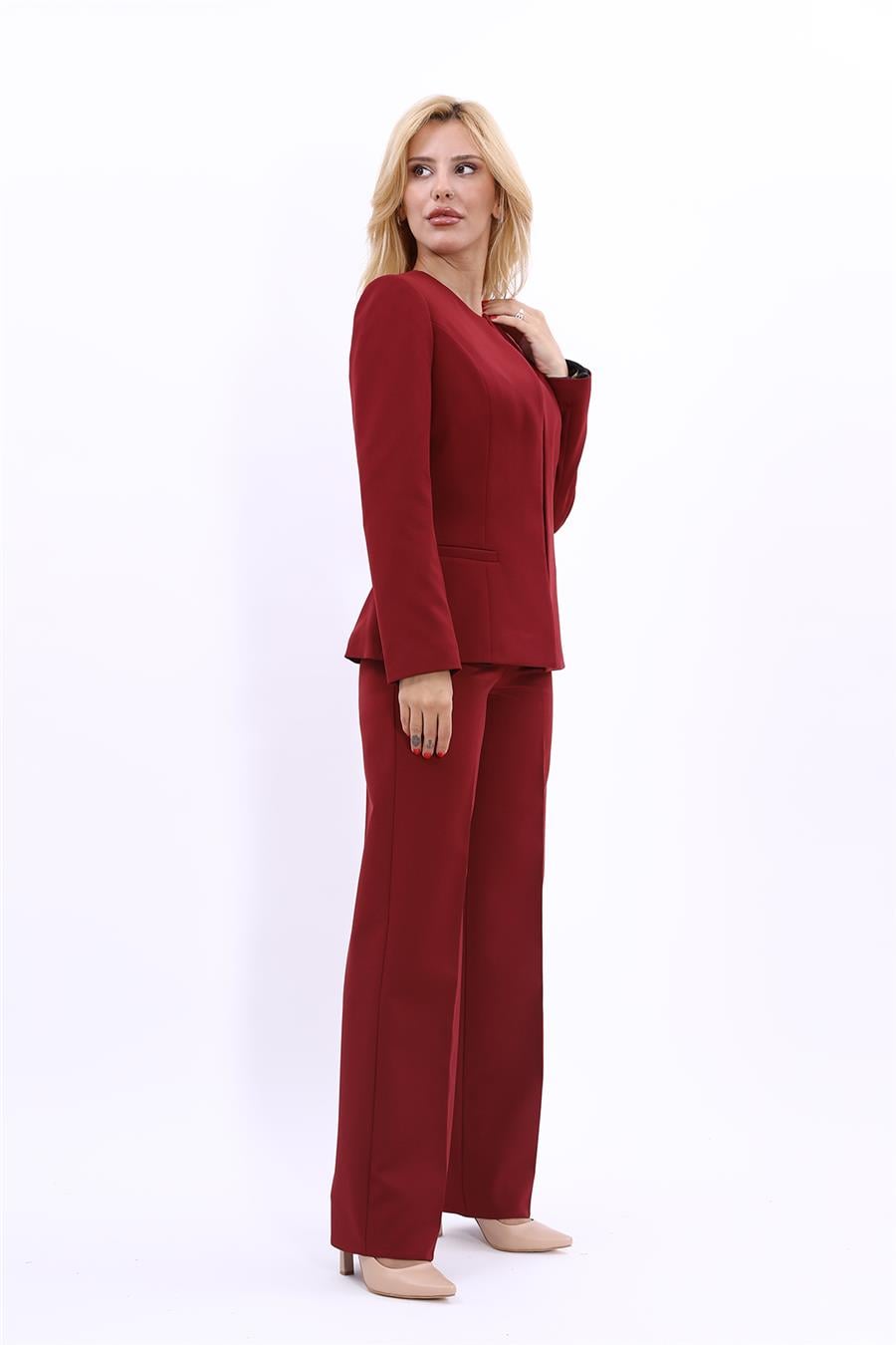 Oval Yaka Yandan Kuplu Klasik Ceket & Bol Paça Pantolon-Bordo Önder Özsoy 1043520 Oval Yaka Uzun Ceket & Bol Paça Pantolon Takım