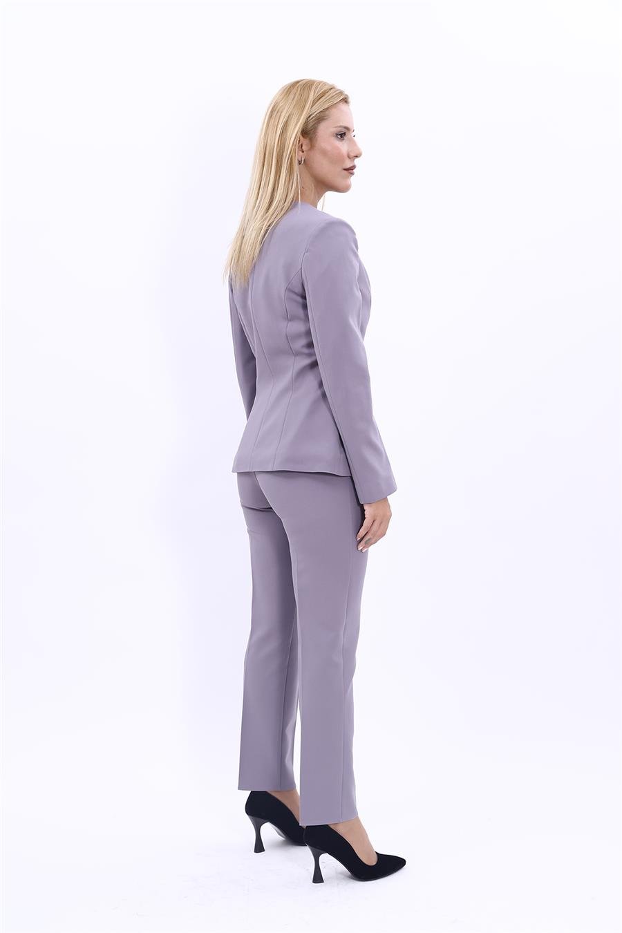 Oval Yaka Yandan Kuplu Klasik Ceket & Dar Paça Pantolon-Antrasit Önder Özsoy 1043510 Oval Yaka Uzun Ceket & Boru Paça Pantolon Takım