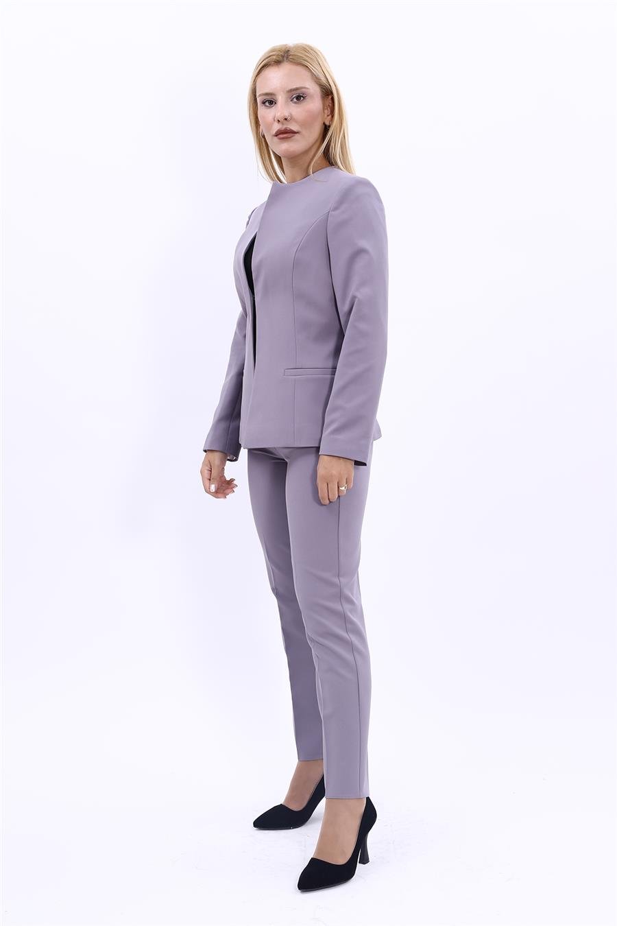 Oval Yaka Yandan Kuplu Klasik Ceket & Dar Paça Pantolon-Antrasit Önder Özsoy 1043510 Oval Yaka Uzun Ceket & Boru Paça Pantolon Takım