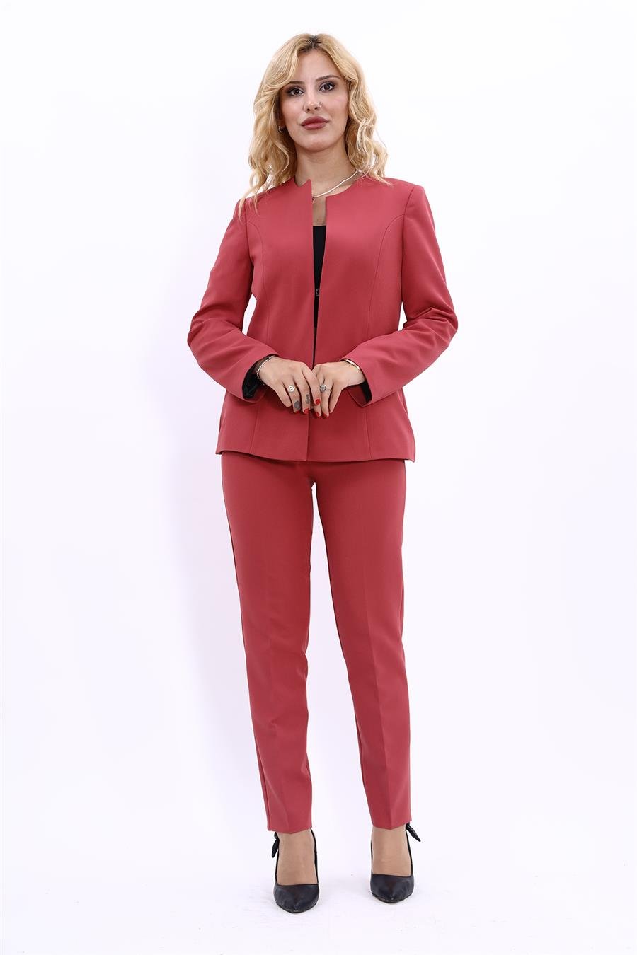 Oval Yaka Yandan Kuplu Klasik Ceket & Dar Paça Pantolon-Kiremit Önder Özsoy 1043510 Oval Yaka Uzun Ceket & Boru Paça Pantolon Takım
