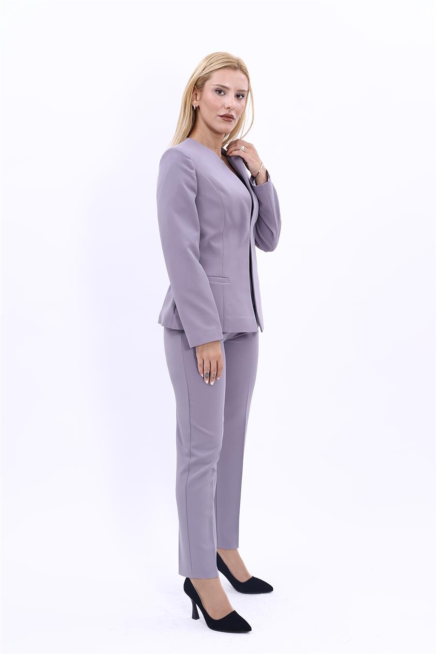 Oval Yaka Yandan Kuplu Klasik Ceket & Dar Paça Pantolon-Antrasit Önder Özsoy 1043510 Oval Yaka Uzun Ceket & Boru Paça Pantolon Takım