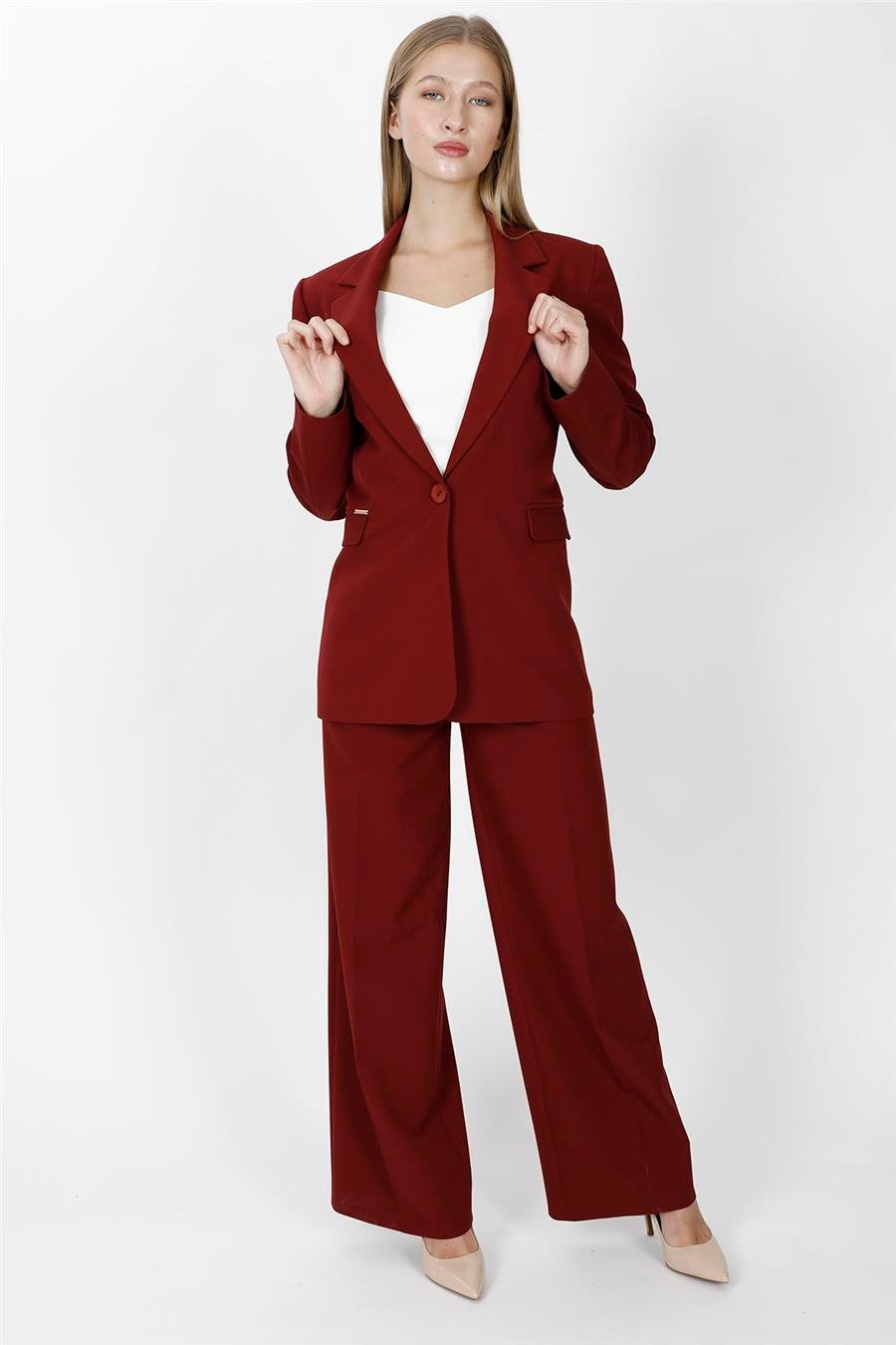 Oversize Tek Düğme Klasik Ceket & Cepli Klasik Palazzo Kadın Pantolon-Bordo Önder Özsoy 1197522 Pantolon Ceket Takım