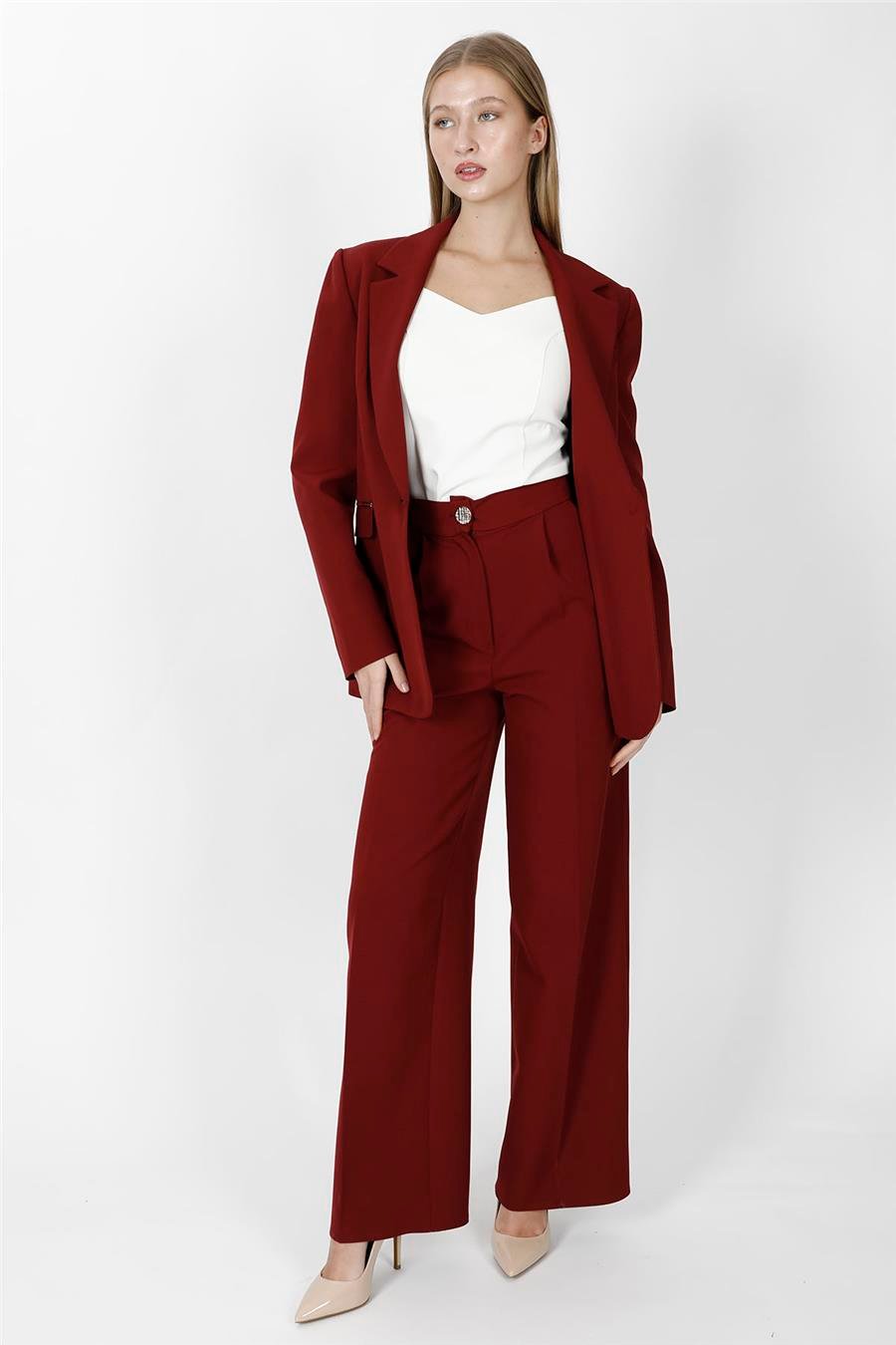 Oversize Tek Düğme Klasik Ceket & Cepli Klasik Palazzo Kadın Pantolon-Bordo Önder Özsoy 1197522 Pantolon Ceket Takım