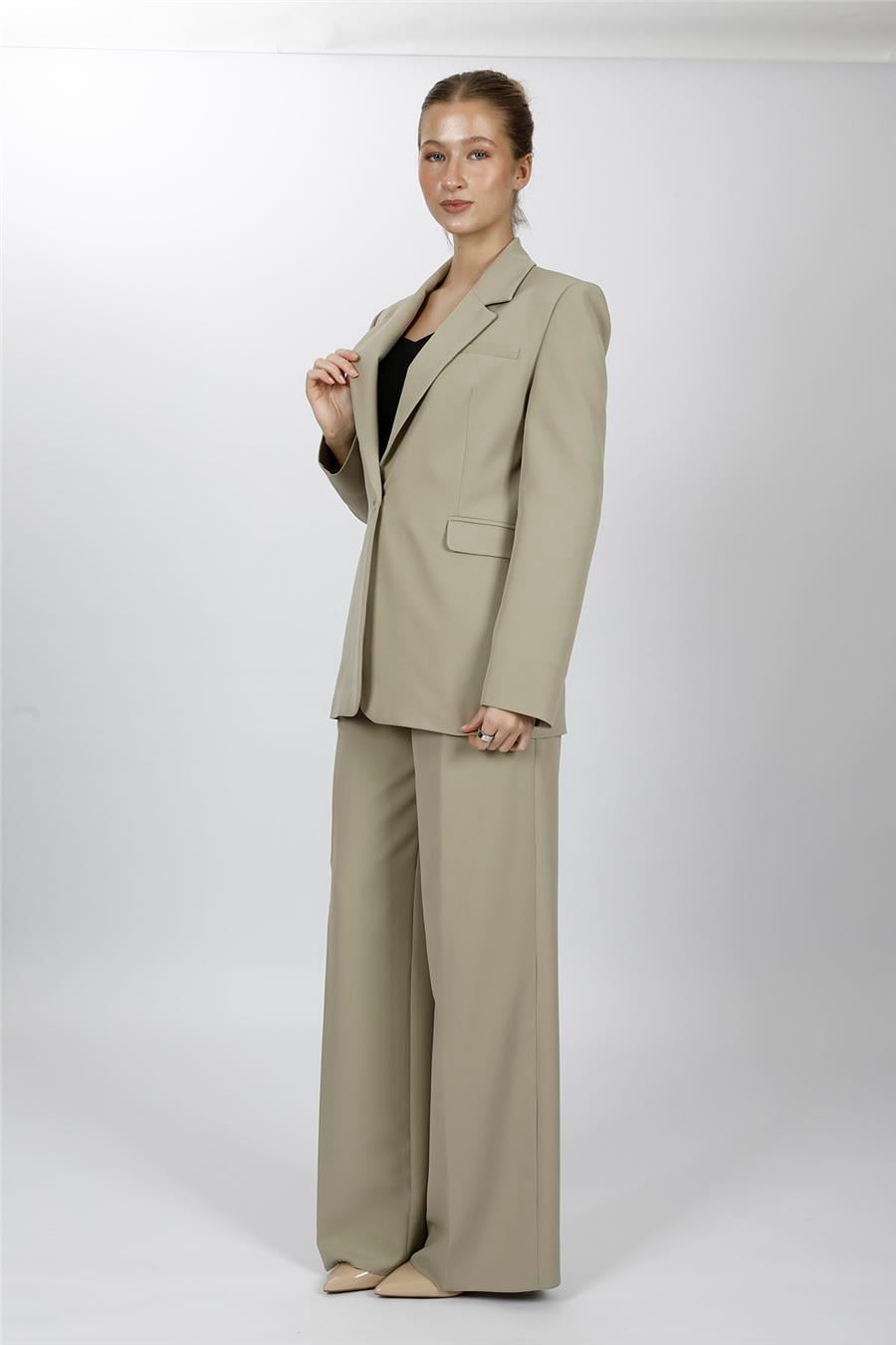 Oversize Tek Düğme Klasik Ceket & Cepli Klasik Palazzo Kadın Pantolon-Bambu Önder Özsoy 1197522 Pantolon Ceket Takım