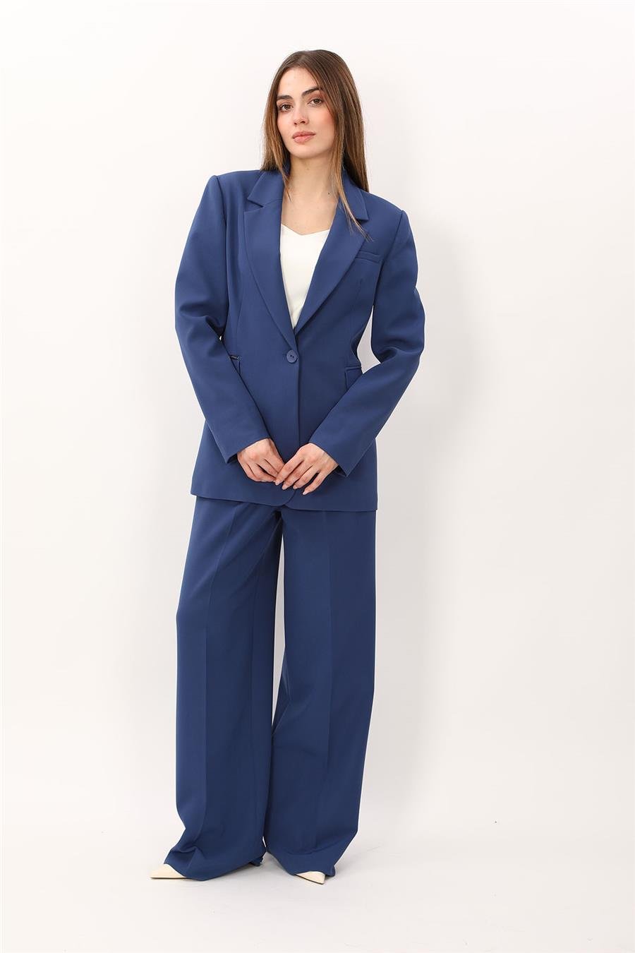 Oversize Tek Düğme Klasik Ceket & Cepli Klasik Palazzo Kadın Pantolon-İndigo Önder Özsoy 1197522 Pantolon Ceket Takım