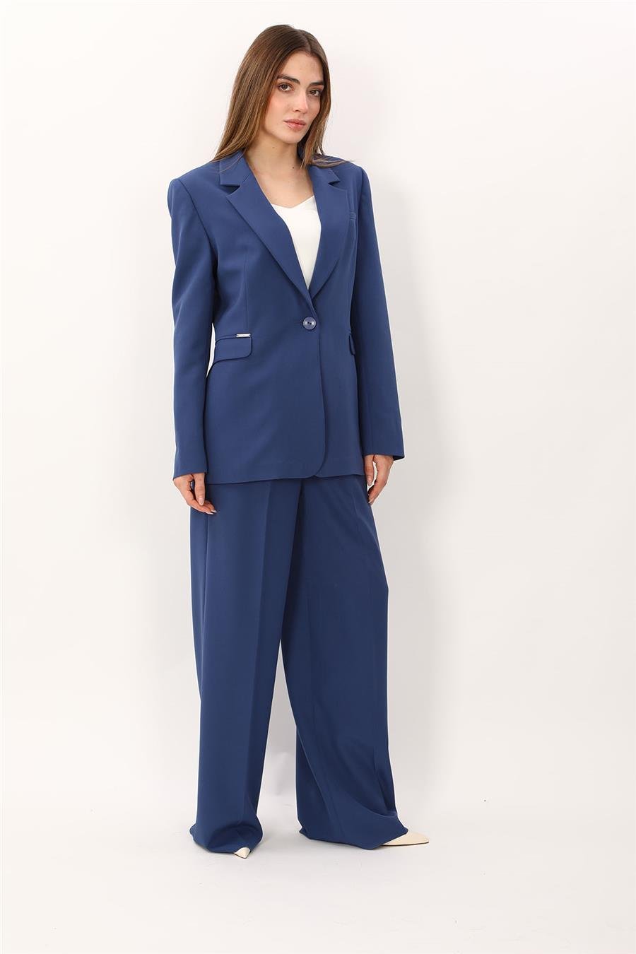 Oversize Tek Düğme Klasik Ceket & Cepli Klasik Palazzo Kadın Pantolon-İndigo Önder Özsoy 1197522 Pantolon Ceket Takım