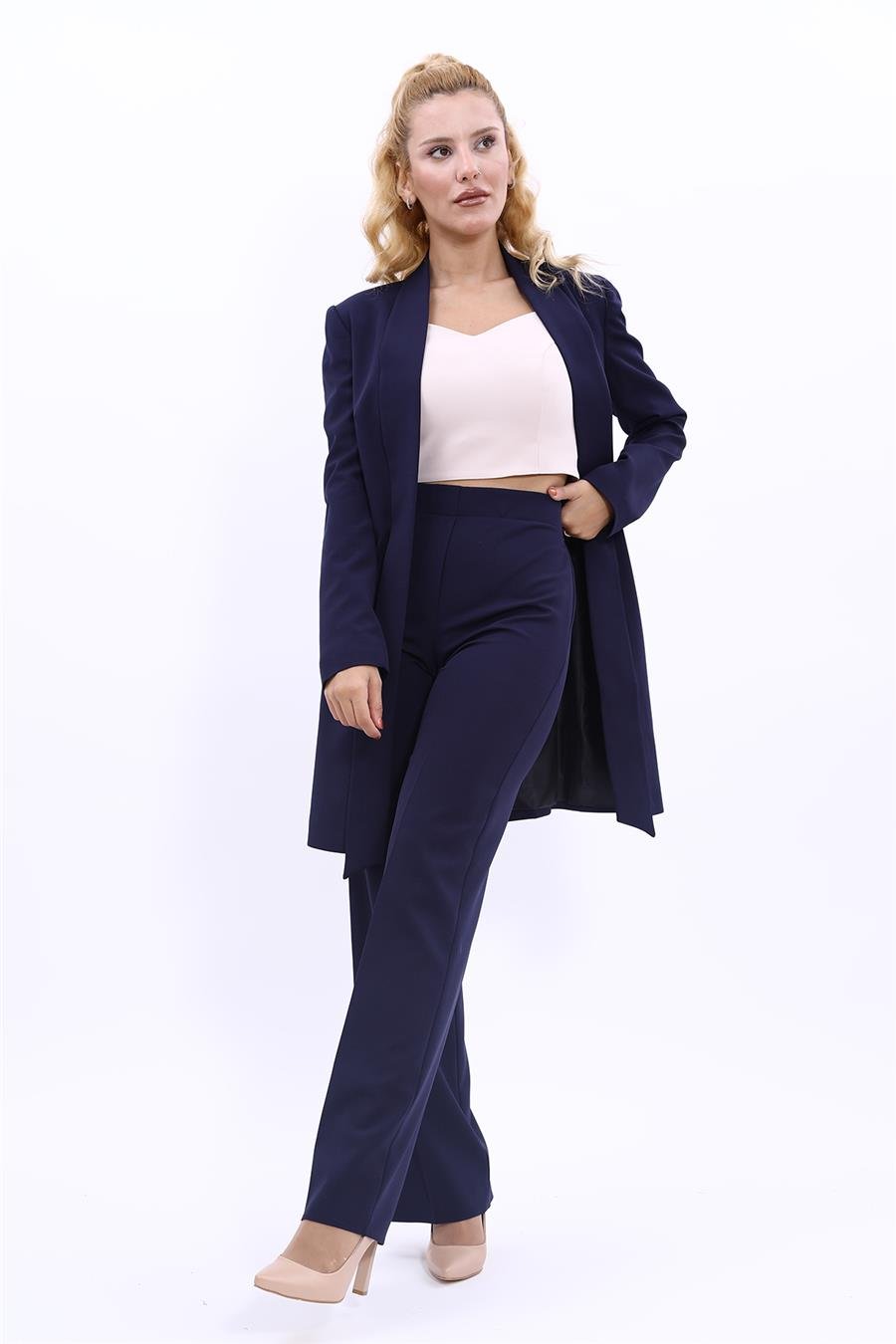 Şal Yaka Uzun Ceket & Bol Paça Pantolon Tesettür Kadın Takım Elbise-Lacivert Önder Özsoy 1101520 Pantolon Ceket Takım
