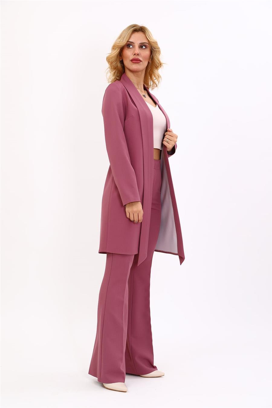 Şal Yaka Uzun Ceket & İspanyol Paça Pantolon-Rose Önder Özsoy 1001530 Japon Ceket & İspanyol  Paça Pantolon Takım