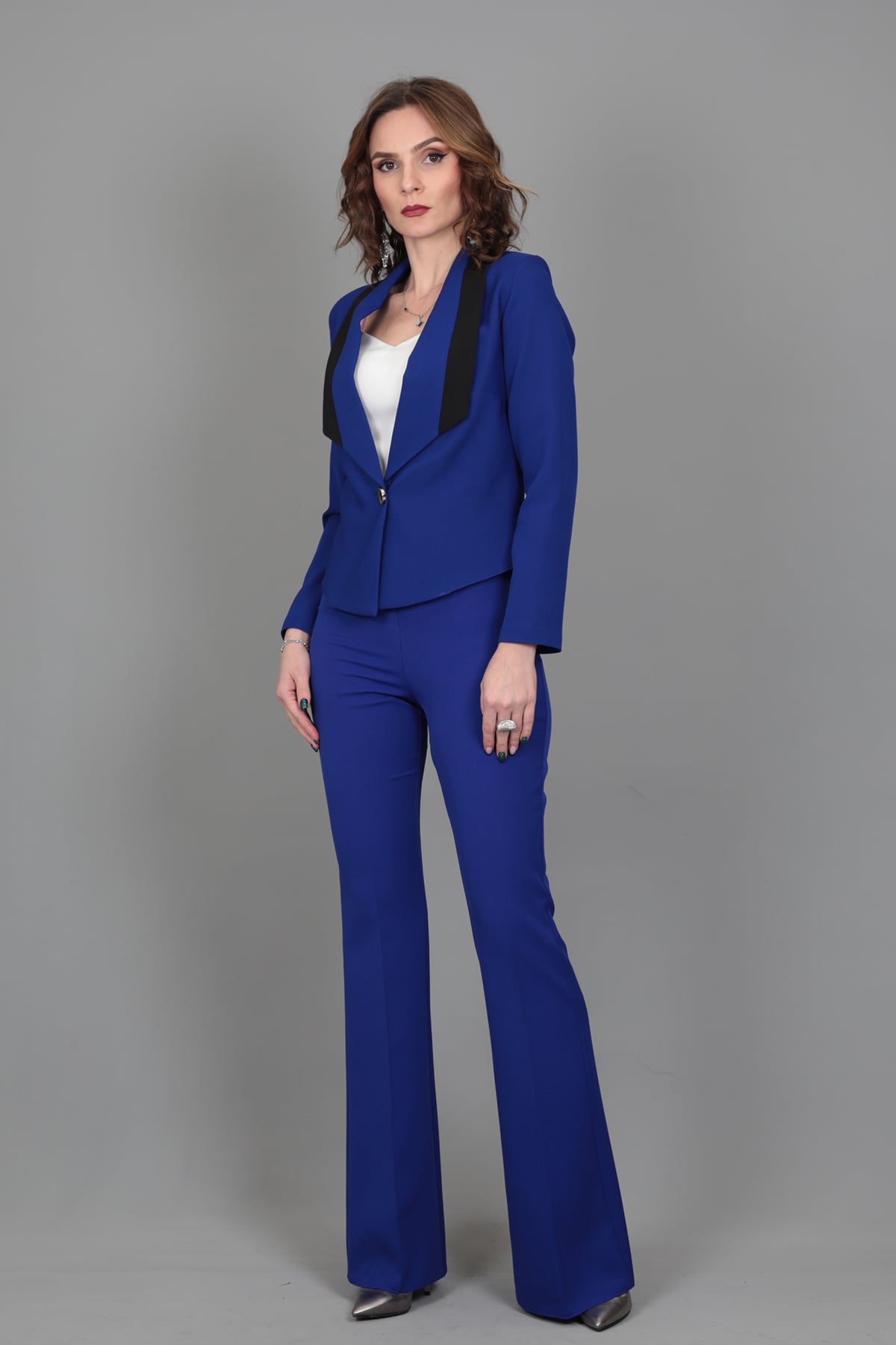 Şeritli Mini Ceket & İspanyol  Paça Pantolon Takım-Saks Önder Özsoy 1030530 Şeritli Mini Ceket & İspanyol Paça Pantolon Takım