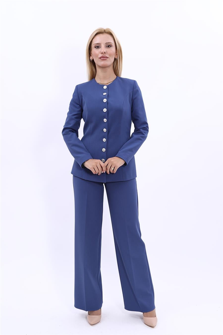 Sıfır Yaka Boydan Düğmeli Ceket & Bol Paça Pantolon-İndigo Önder Özsoy 1064520 Boydan Düğmeli Kemerli Ceket  & Bol Paça Pantolon Takım