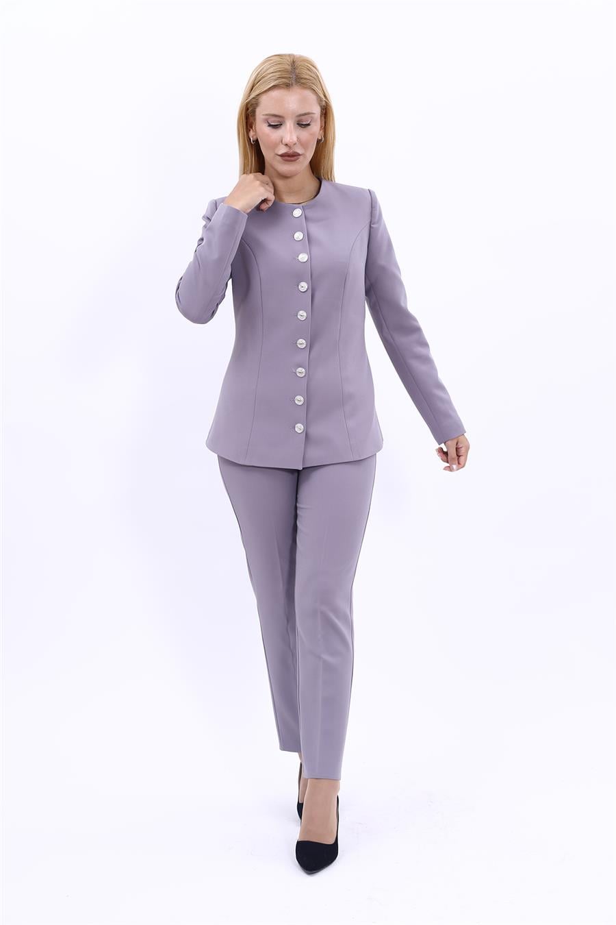 Sıfır Yaka Boydan Düğmeli Ceket & Dar Paça Pantolon-Antrasit Önder Özsoy 1064510 Boydan Düğmeli Kemerli Ceket  & Boru Paça Pantolon Takım