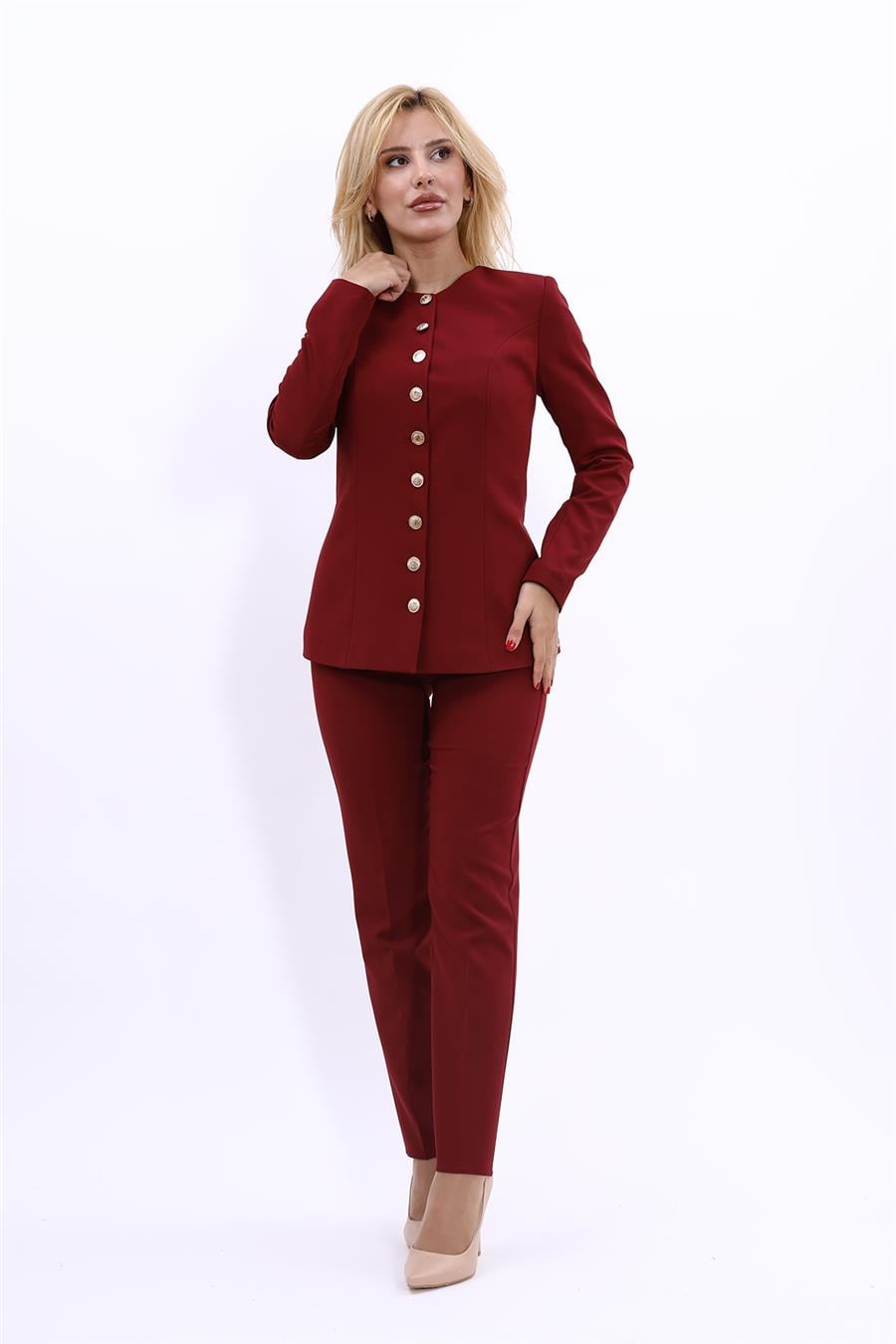 Sıfır Yaka Boydan Düğmeli Ceket & Dar Paça Pantolon-Bordo Önder Özsoy 1064510 Boydan Düğmeli Kemerli Ceket  & Boru Paça Pantolon Takım