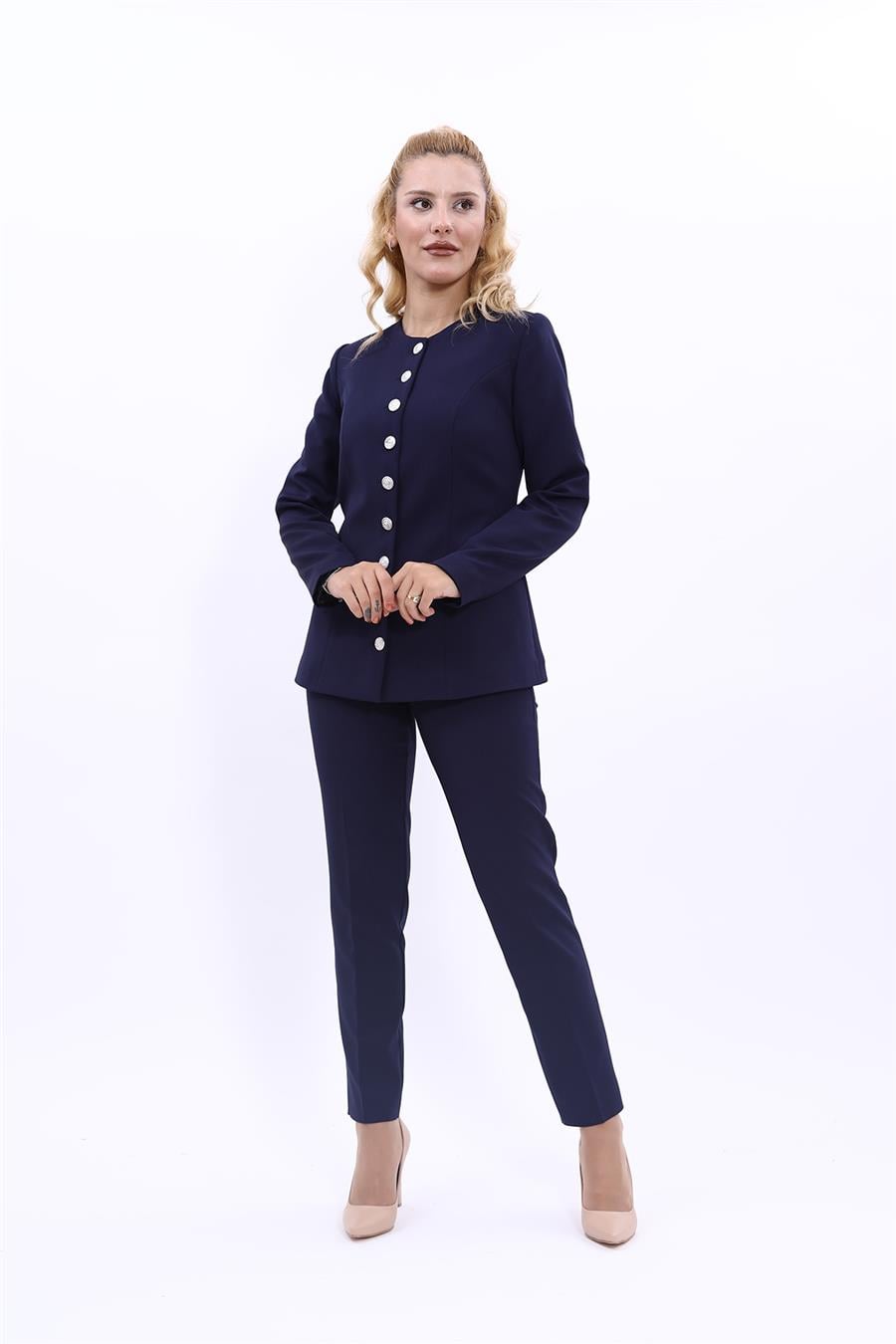 Sıfır Yaka Boydan Düğmeli Ceket & Dar Paça Pantolon-Lacivert Önder Özsoy 1064510 Boydan Düğmeli Kemerli Ceket  & Boru Paça Pantolon Takım