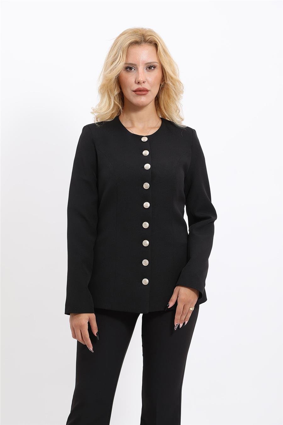 Sıfır Yaka Düğmeli Şık Ceket & İspanyol Paça Pantolon Kadın Takım Elbise -Siyah Önder Özsoy 1164530 Pantolon Ceket Takım