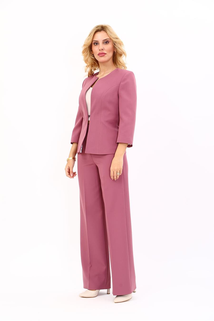 Sıfır Yaka Düz Kısa Ceket & Bol Paça Pantolon Takım-Rose Önder Özsoy 1015520 Oval Yaka Kısa Ceket & Bol Paça Pantolon Takım