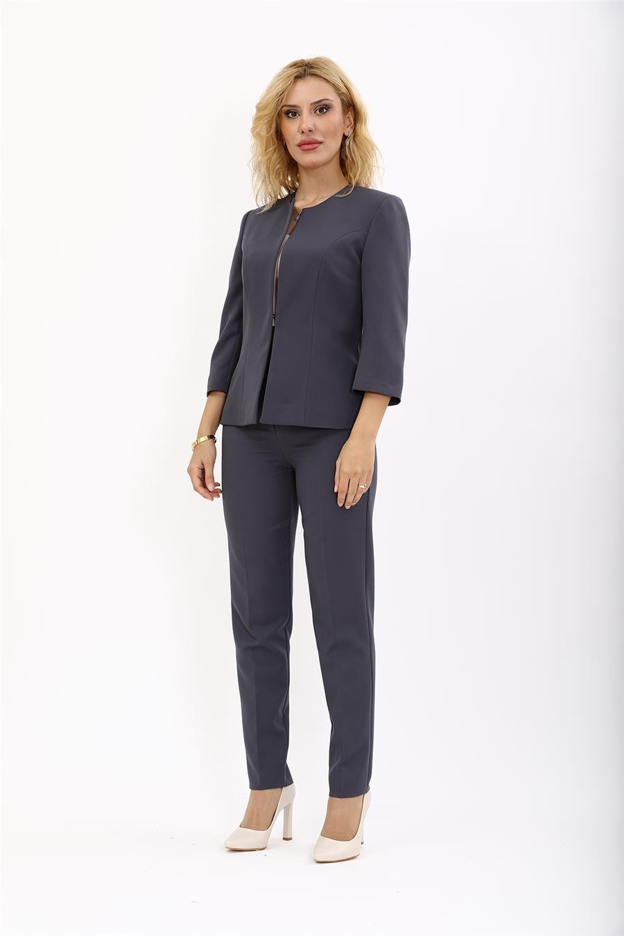 Sıfır Yaka Düz Kısa Ceket &  Dar Paça Pantolon-Füme Önder Özsoy 1015510 Oval Yaka Kısa Ceket & Boru Paça Pantolon Takım