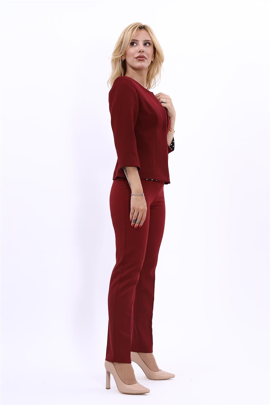 Sıfır Yaka Düz Kısa Ceket &  Dar Paça Pantolon-Bordo Önder Özsoy 1015510 Oval Yaka Kısa Ceket & Boru Paça Pantolon Takım