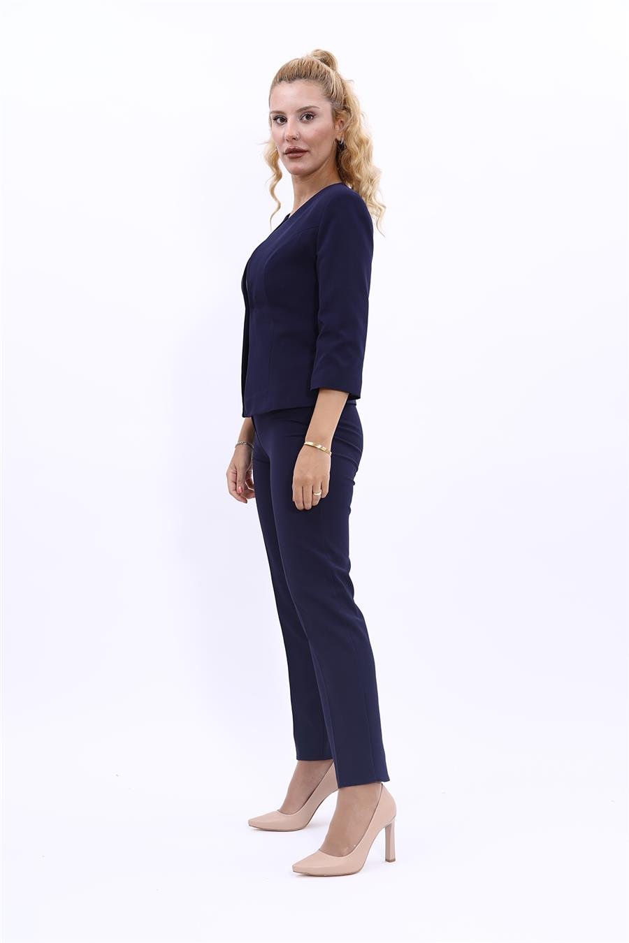 Sıfır Yaka Düz Kısa Ceket &  Dar Paça Pantolon-Lacivert Önder Özsoy 1015510 Oval Yaka Kısa Ceket & Boru Paça Pantolon Takım