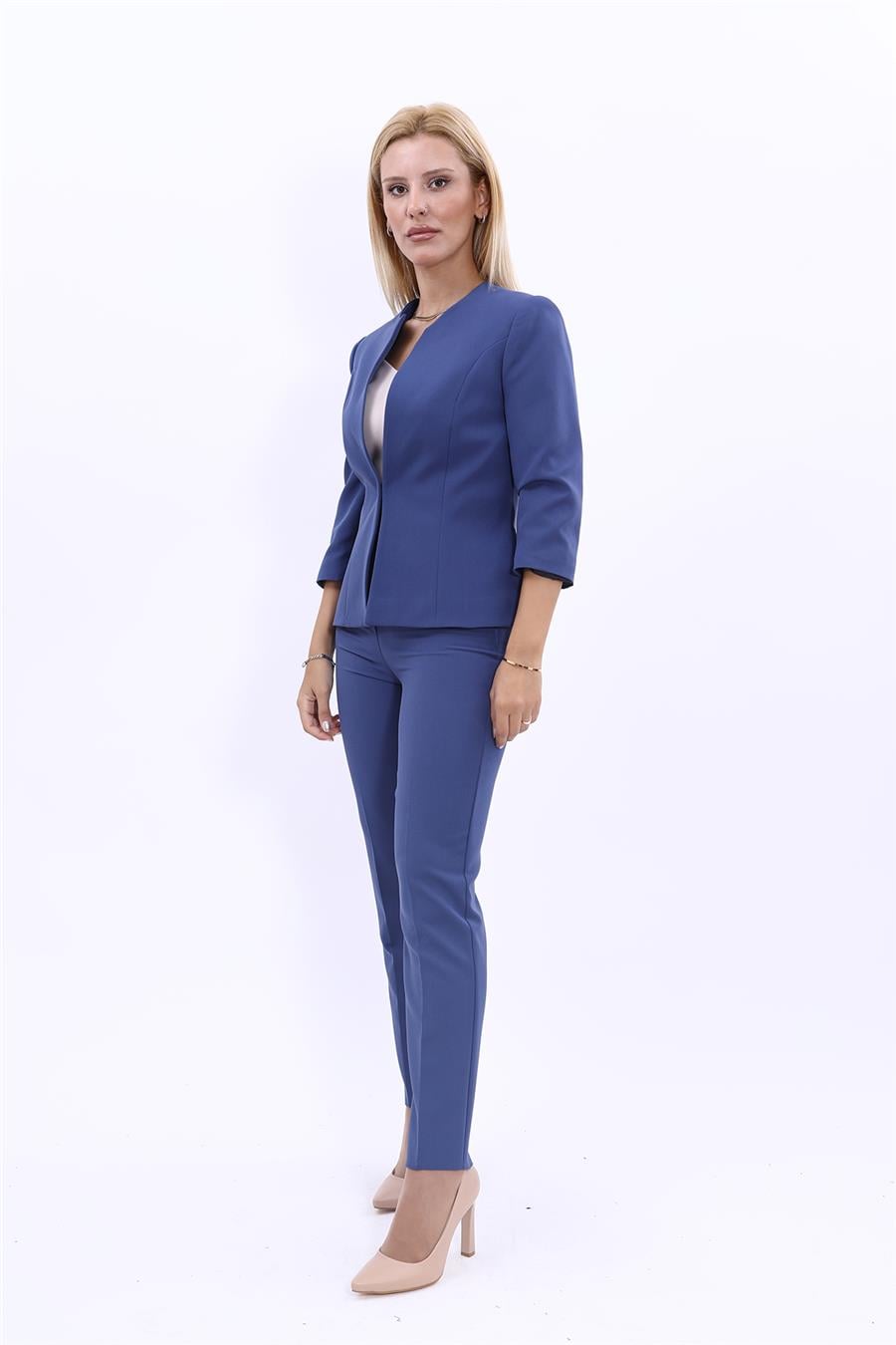 Sıfır Yaka Düz Kısa Ceket &  Dar Paça Pantolon-İndigo Önder Özsoy 1015510 Oval Yaka Kısa Ceket & Boru Paça Pantolon Takım