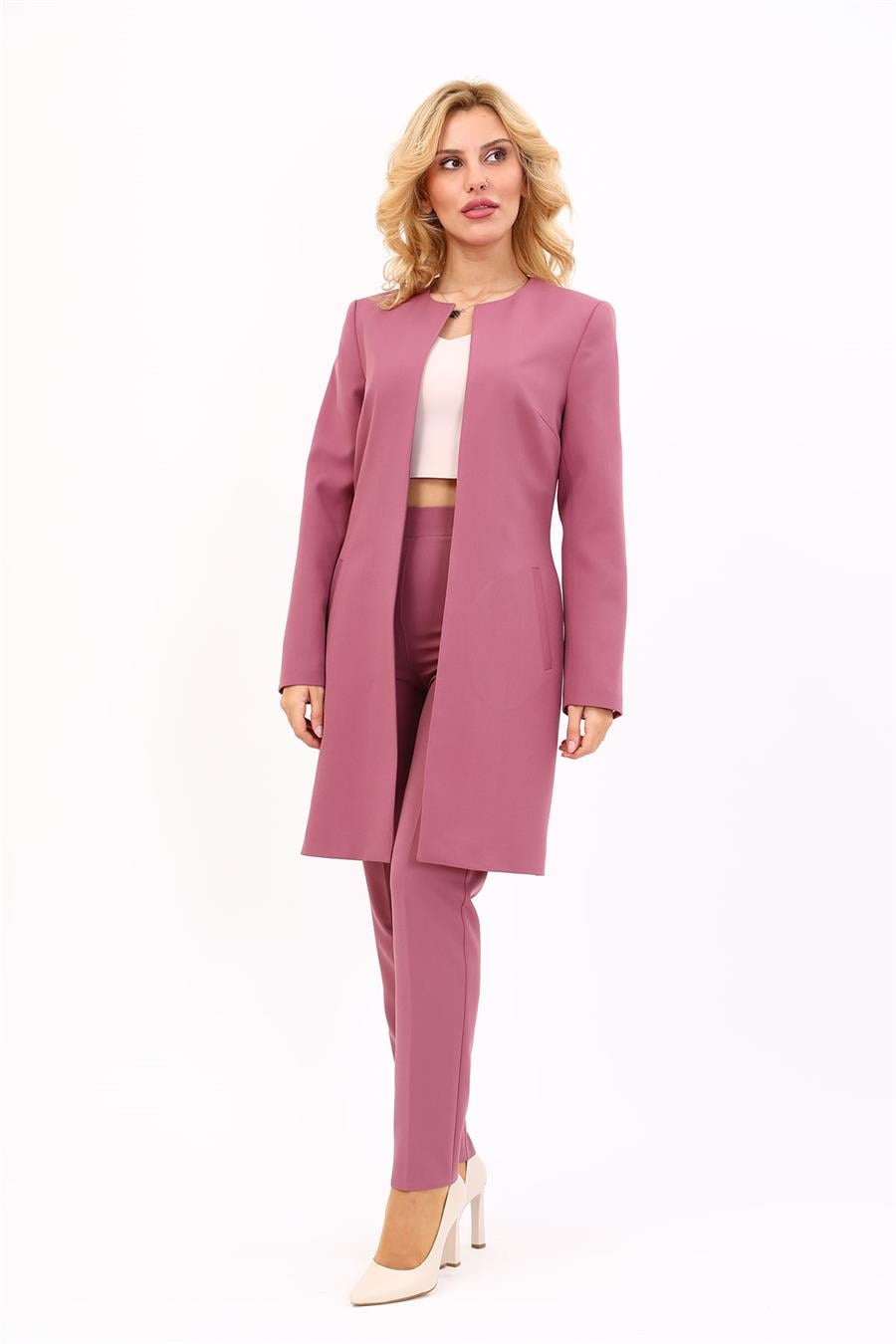 Sıfır Yaka Düz Uzun Ceket & Dar Paça Pantolon-Rose Önder Özsoy 1005510 Düz Ceket & Boru Paça Pantolon Takım