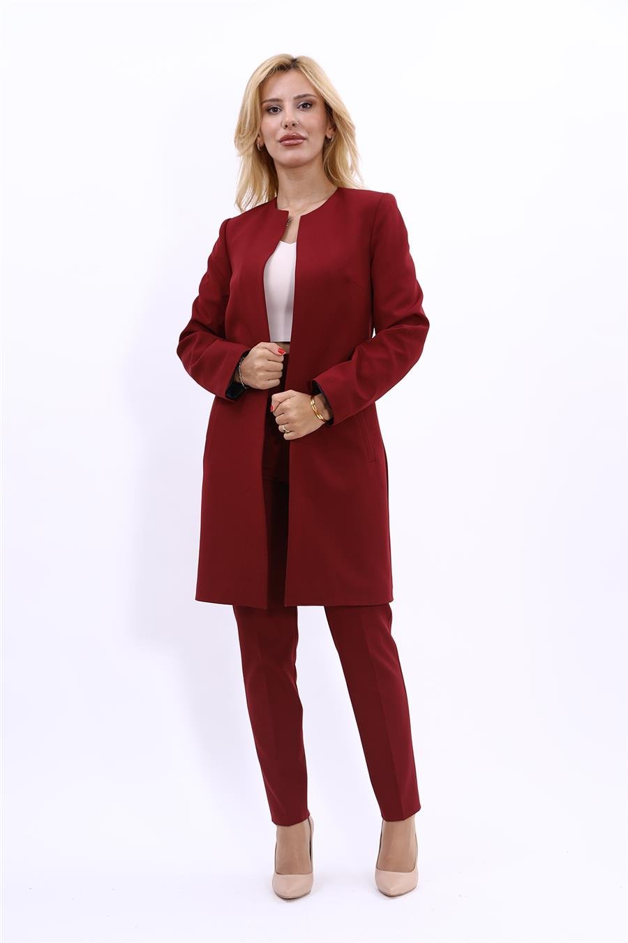 Sıfır Yaka Düz Uzun Ceket & Dar Paça Pantolon-Bordo Önder Özsoy 1005510 Düz Ceket & Boru Paça Pantolon Takım