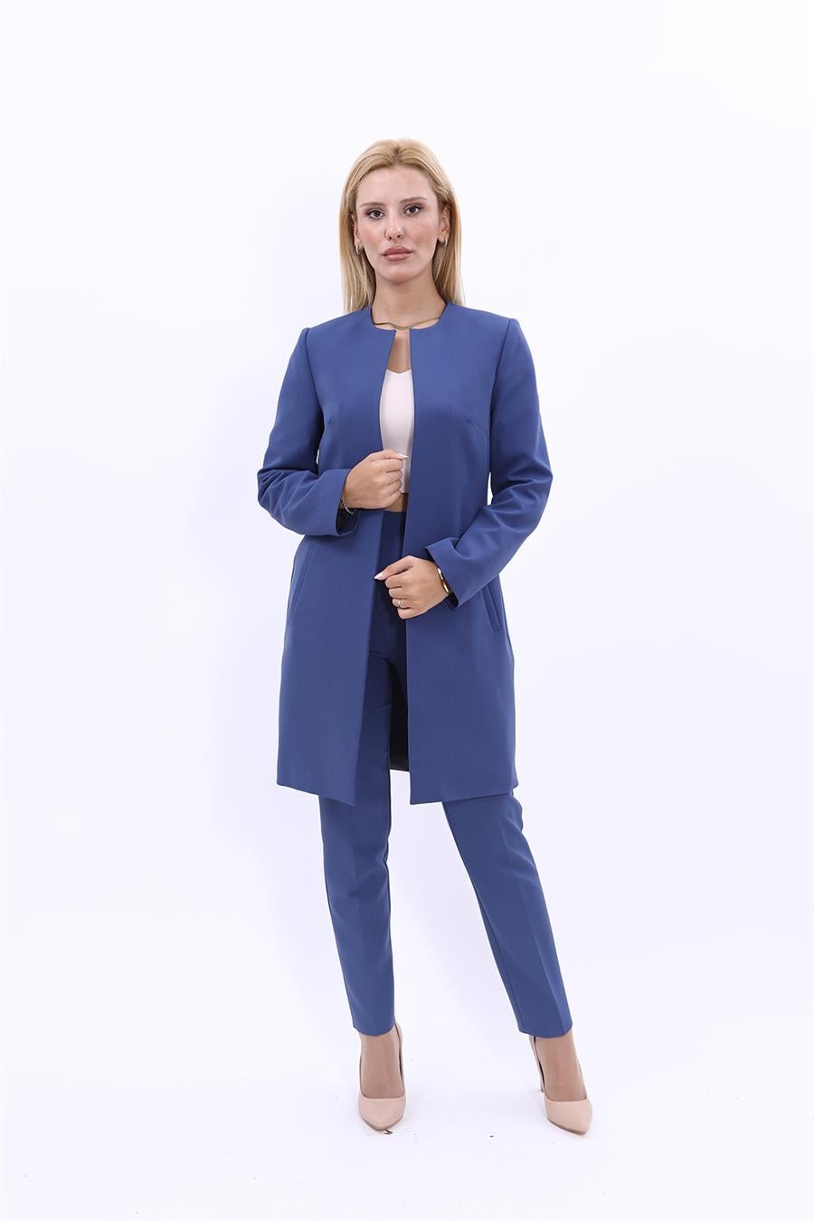 Sıfır Yaka Düz Uzun Ceket & Dar Paça Pantolon-İndigo Önder Özsoy 1005510 Düz Ceket & Boru Paça Pantolon Takım