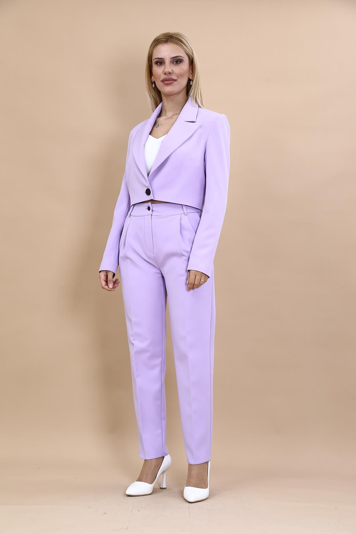 Tek Düğme Mini Ceket &  Pileli Boru Paça Pantolon Takım-Menekşe Önder Özsoy 1073503 Tek Düğme Mini Ceket &  Pileli Boru Paça Pantolon Takım