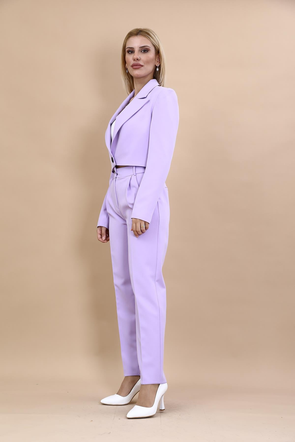 Tek Düğme Mini Ceket &  Pileli Boru Paça Pantolon Takım-Menekşe Önder Özsoy 1073503 Tek Düğme Mini Ceket &  Pileli Boru Paça Pantolon Takım