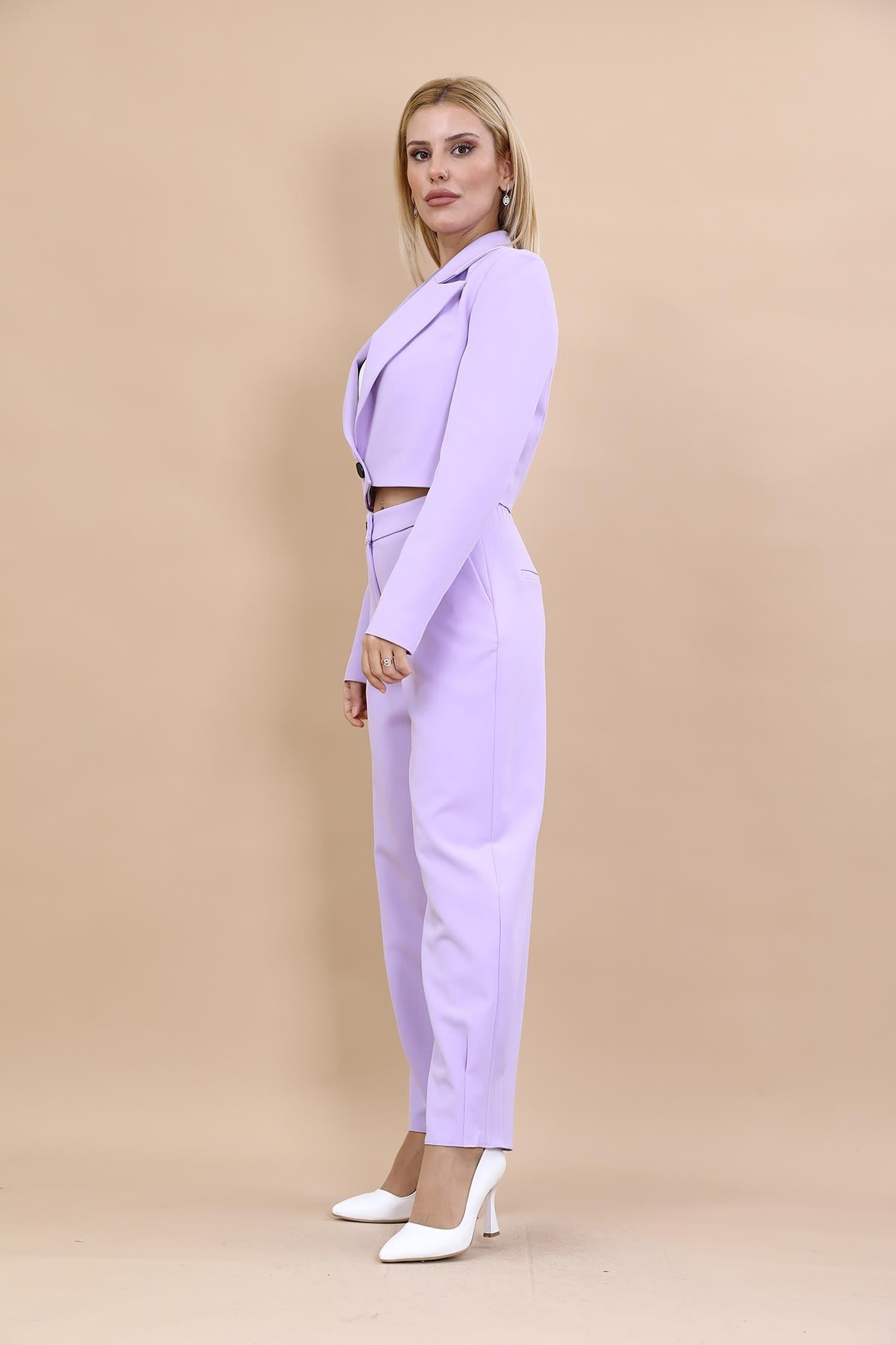 Tek Düğme Mini Ceket & Pileli Paça Pantolon Takım-Menekşe Önder Özsoy 1073532 Tek Düğme Mini Ceket & Pileli Paça Pantolon Takım