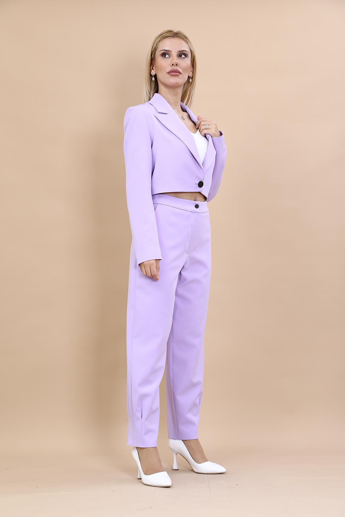 Tek Düğme Mini Ceket & Pileli Paça Pantolon Takım-Menekşe Önder Özsoy 1073532 Tek Düğme Mini Ceket & Pileli Paça Pantolon Takım