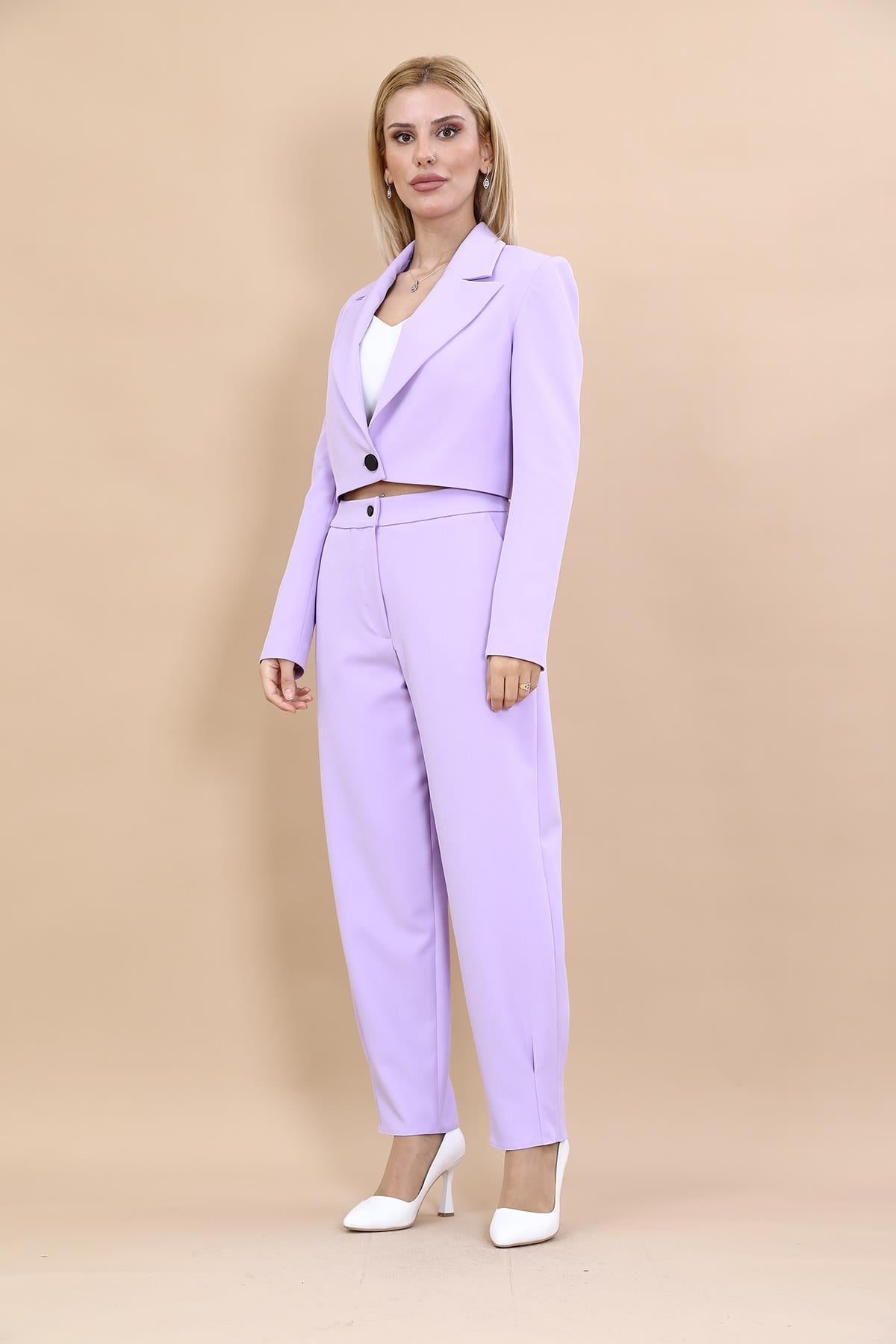 Tek Düğme Mini Ceket & Pileli Paça Pantolon Takım-Menekşe Önder Özsoy 1073532 Tek Düğme Mini Ceket & Pileli Paça Pantolon Takım