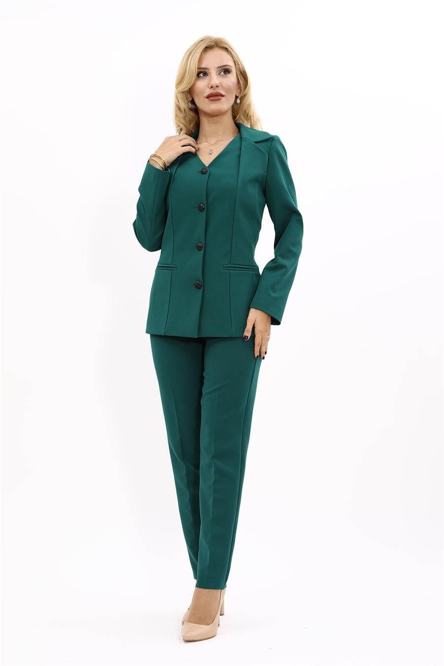 V Yaka Düğmeli Modern Ceket & Dar Paça Pantolon Kadın Takım Elbise-Zümrüt Önder Özsoy 1176510 Pantolon Ceket Takım