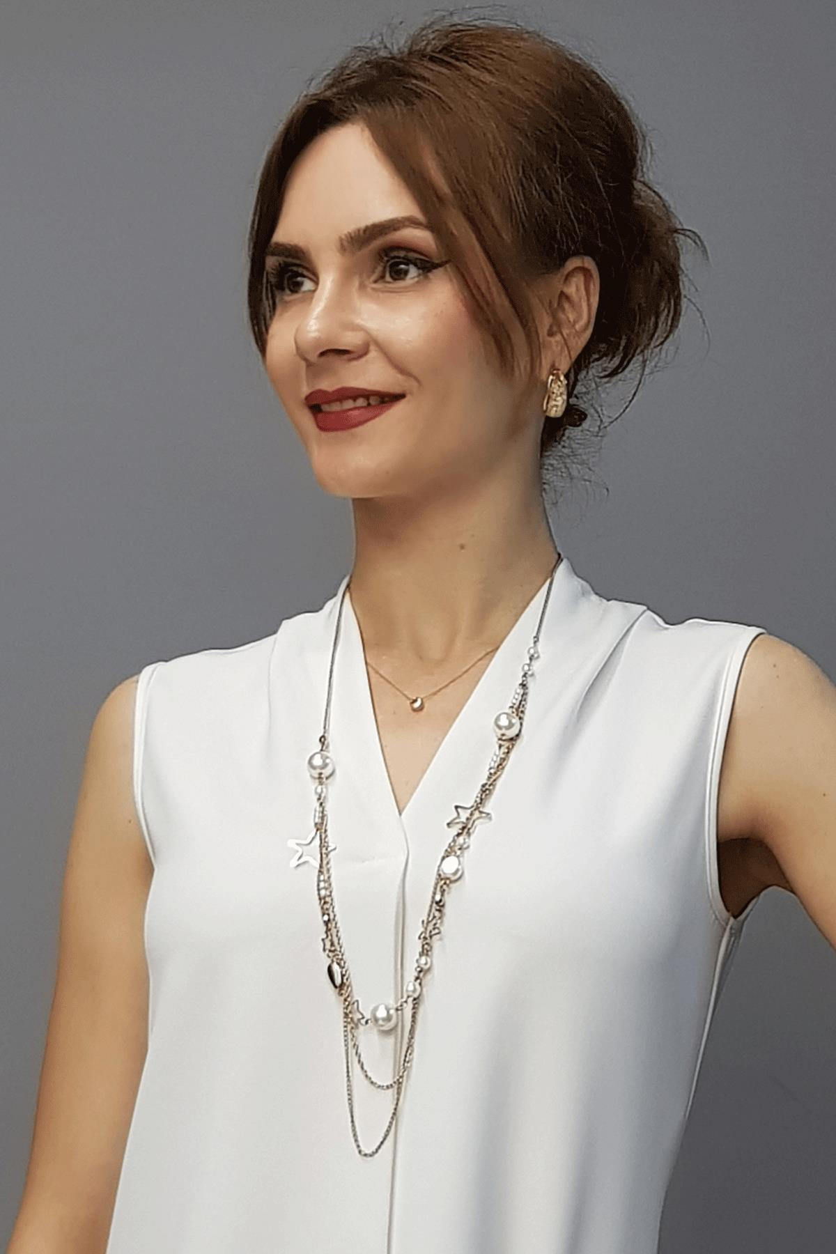 V Yaka Omuz Pileli Bluz-Beyaz Önder Özsoy 3501100 V Yaka Omuz Pileli Bluz