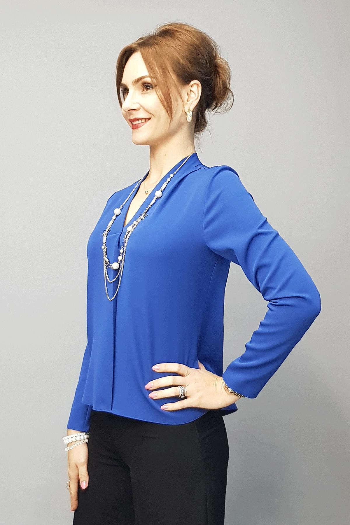 V Yaka Omuz Pileli Uzun Kol Bluz-İndigo Önder Özsoy 3502100 V Yaka Omuz Pileli Uzun Kol Bluz