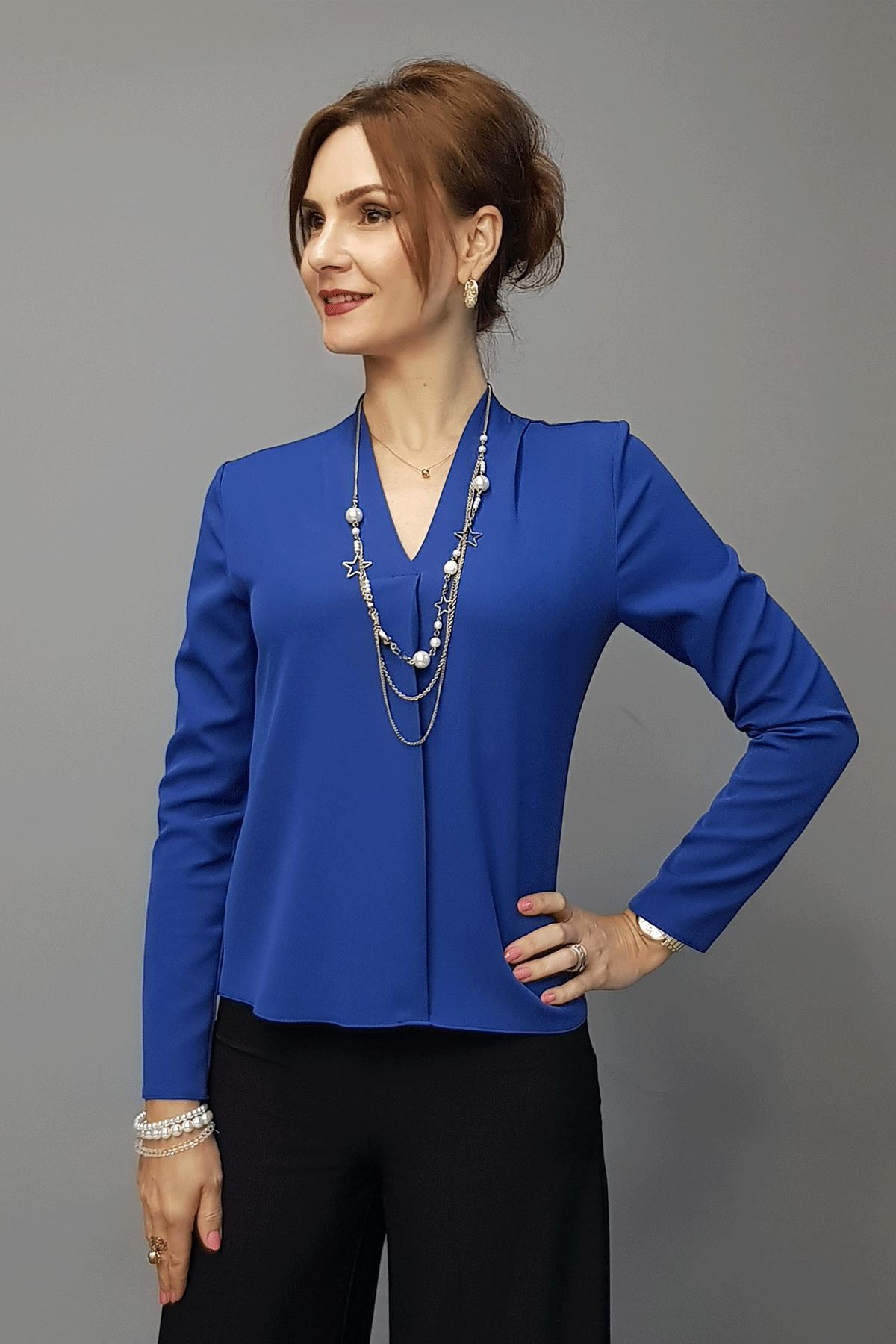 V Yaka Omuz Pileli Uzun Kol Bluz-İndigo Önder Özsoy 3502100 V Yaka Omuz Pileli Uzun Kol Bluz